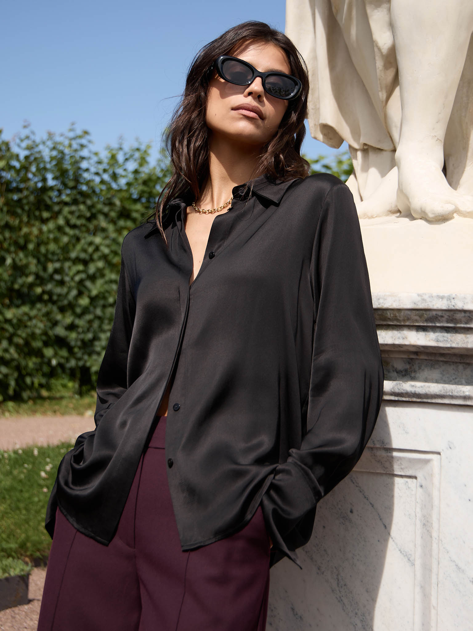 Satin shirt with concealed buttons