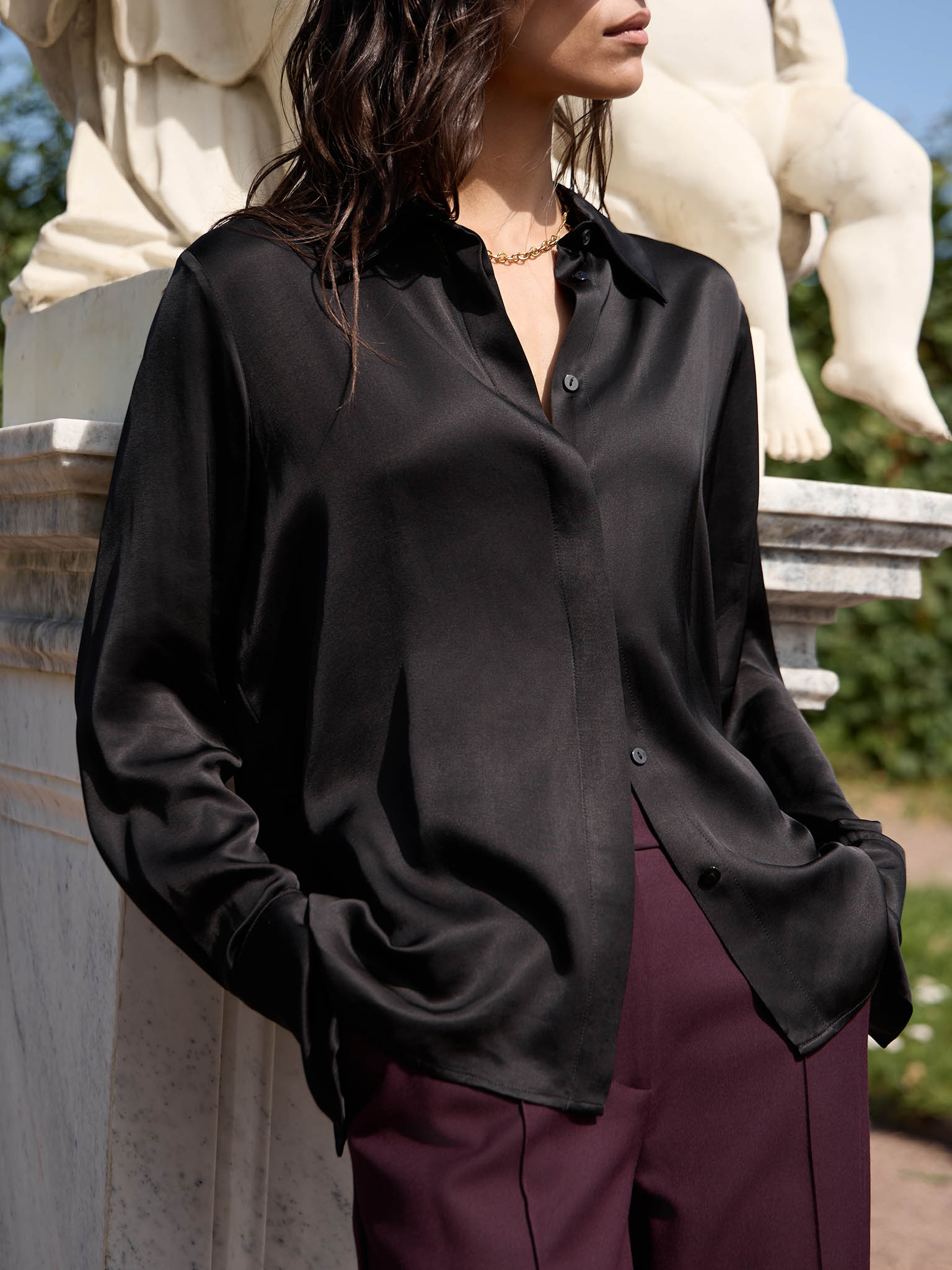 Satin shirt with concealed buttons