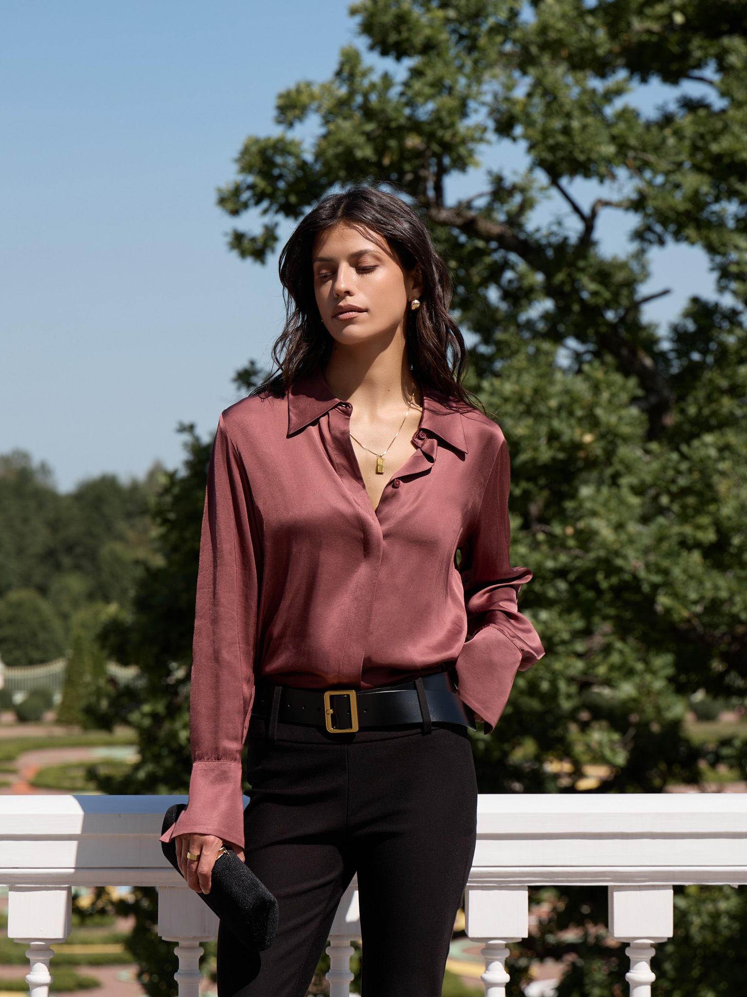 Satin shirt with concealed buttons