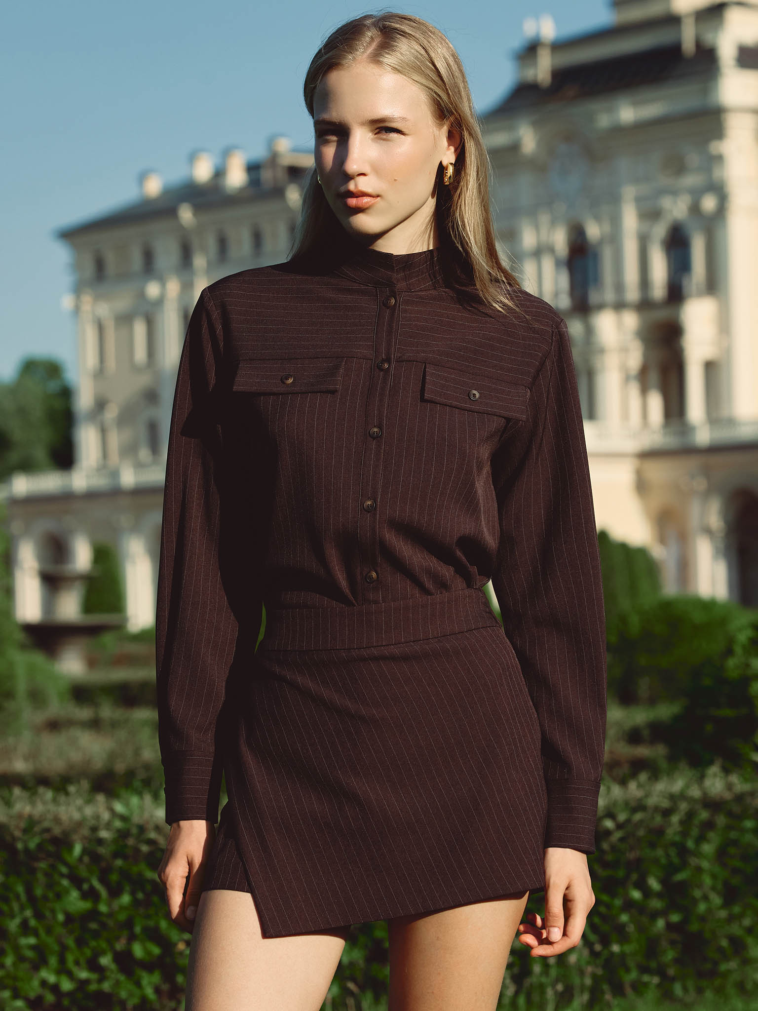 Pinstripe shirt with stand-up collar