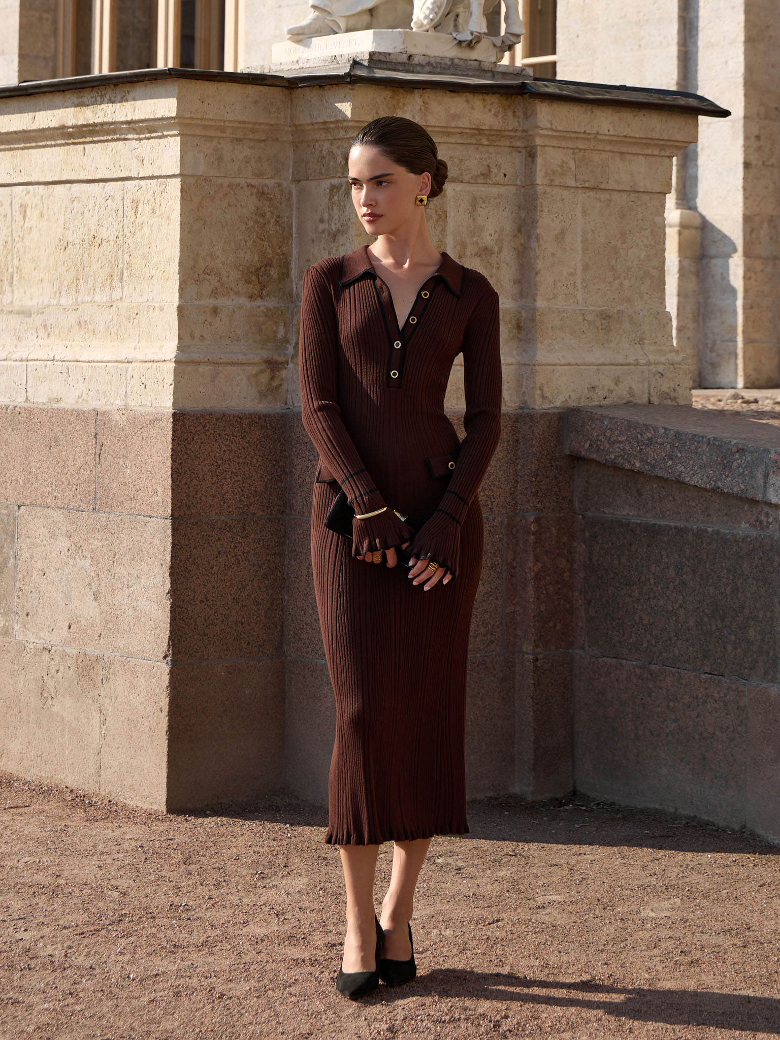 Fitted rib-knit maxi dress