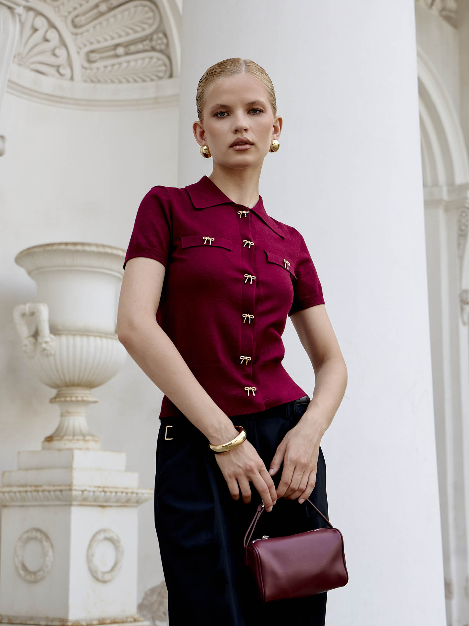 Cardigan with triangular collar and accent buttons