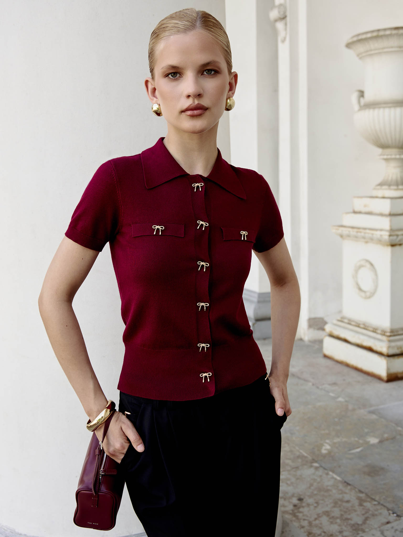 Cardigan with triangular collar and accent buttons