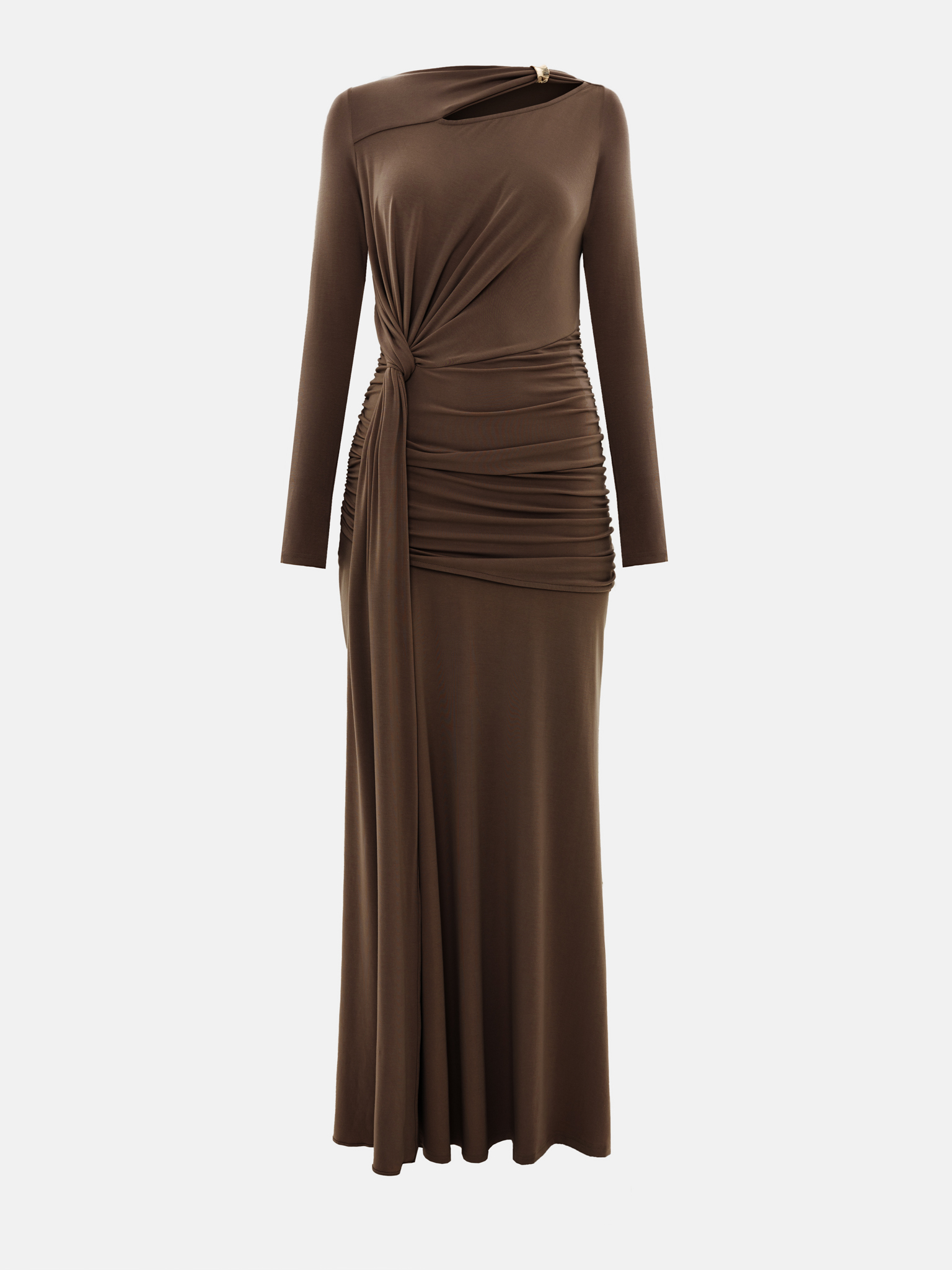 Maxi dress with metallic decoration on the shoulder