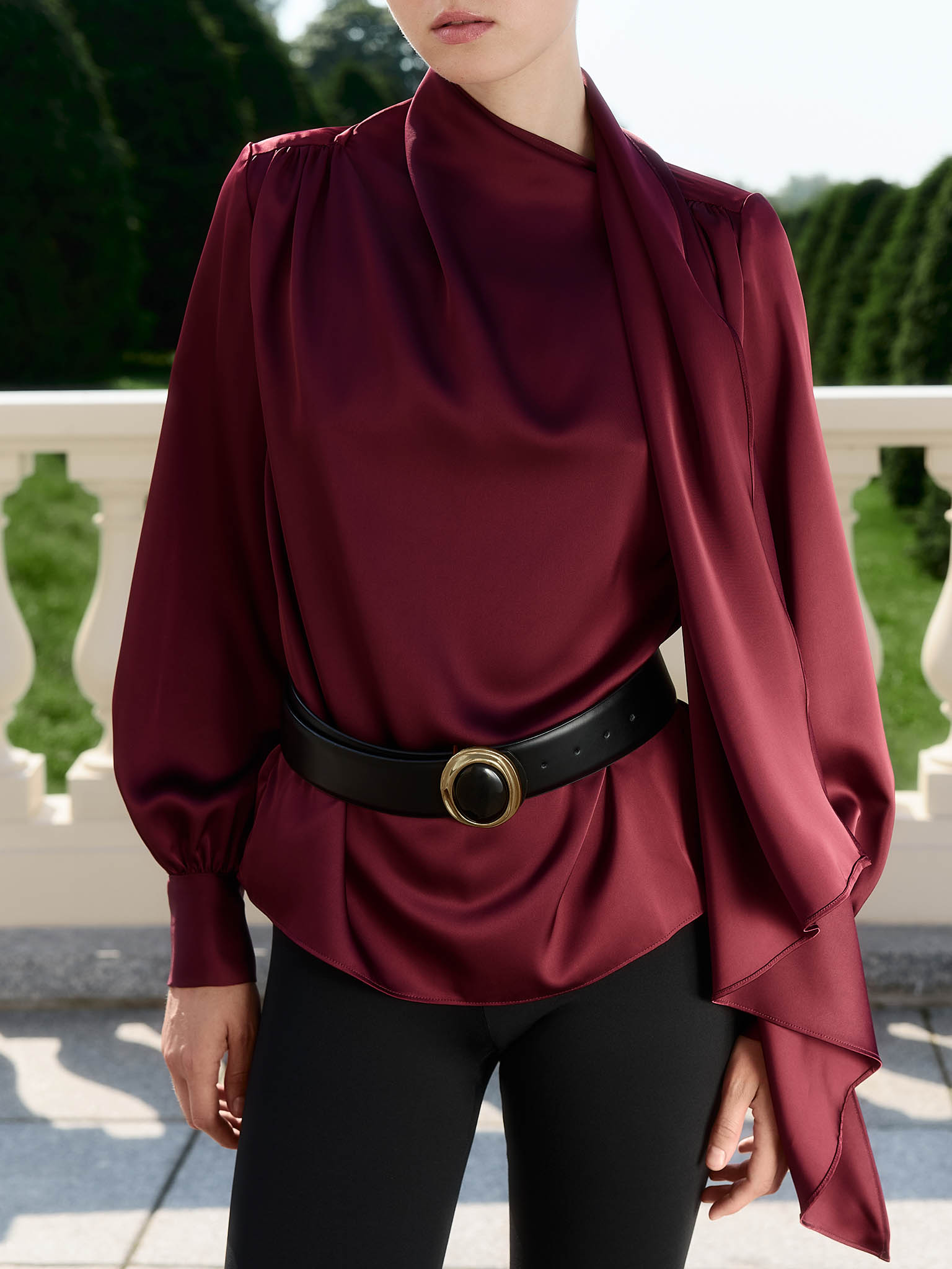 Blouse with decorative scarf in flowing fabric 