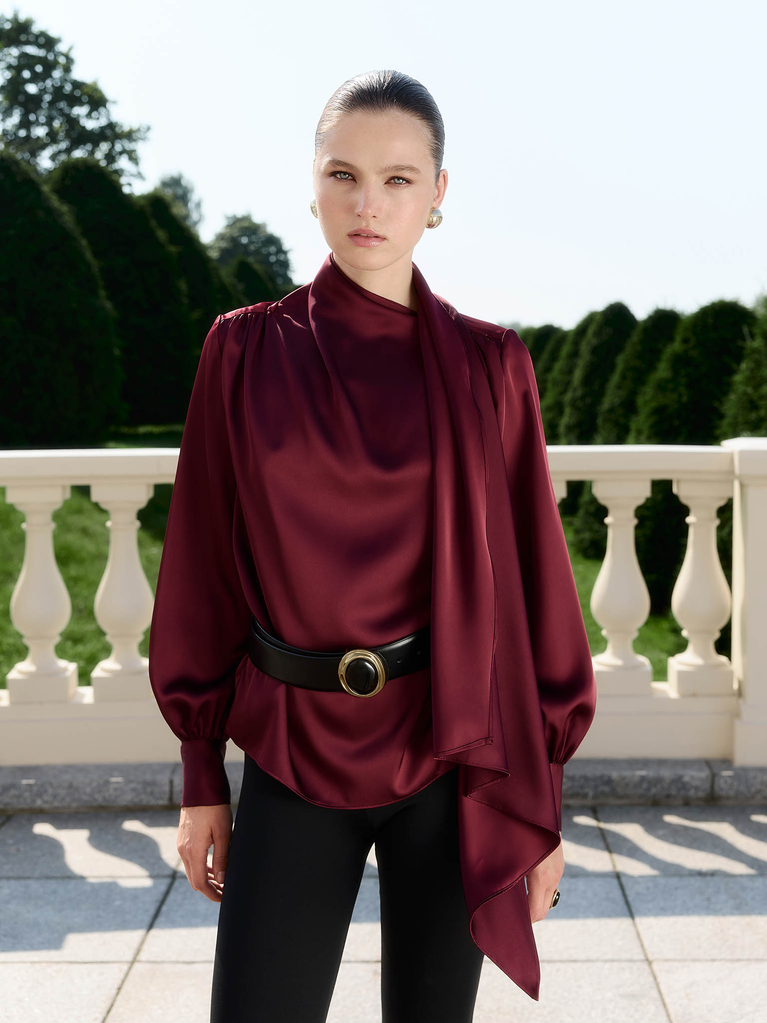 Blouse with decorative scarf in flowing fabric 
