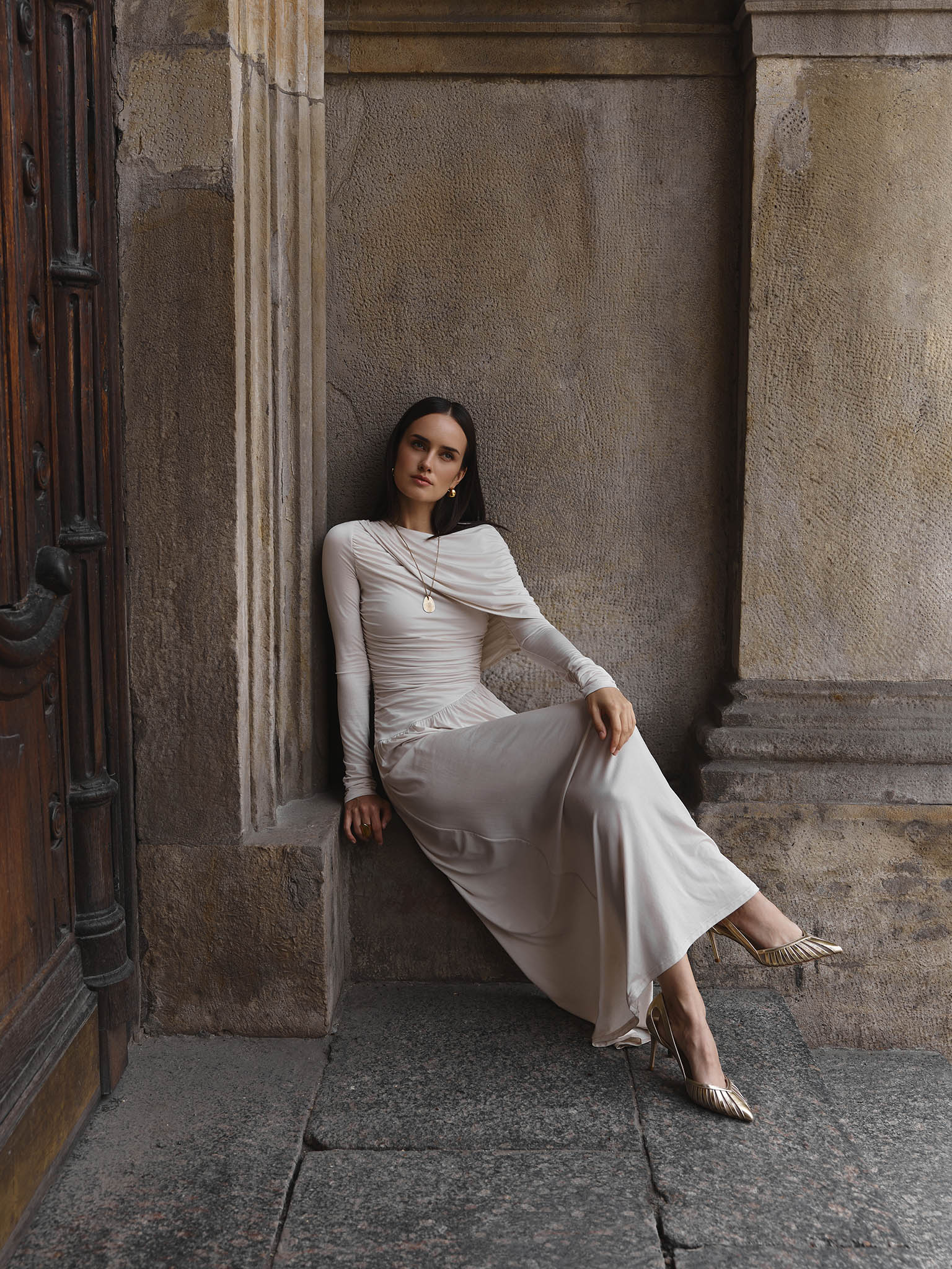 One shoulder draped jersey maxi dress