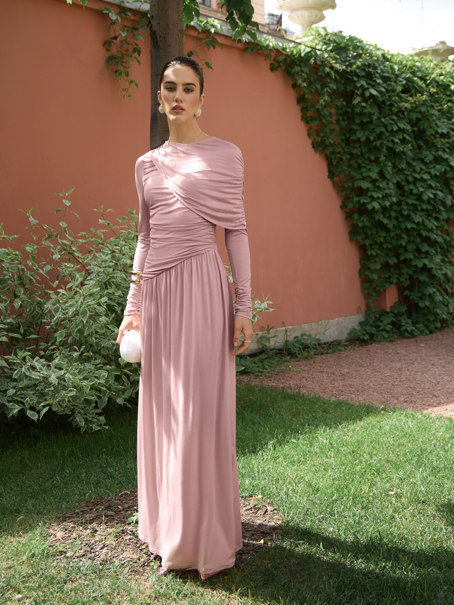 One shoulder draped jersey maxi dress