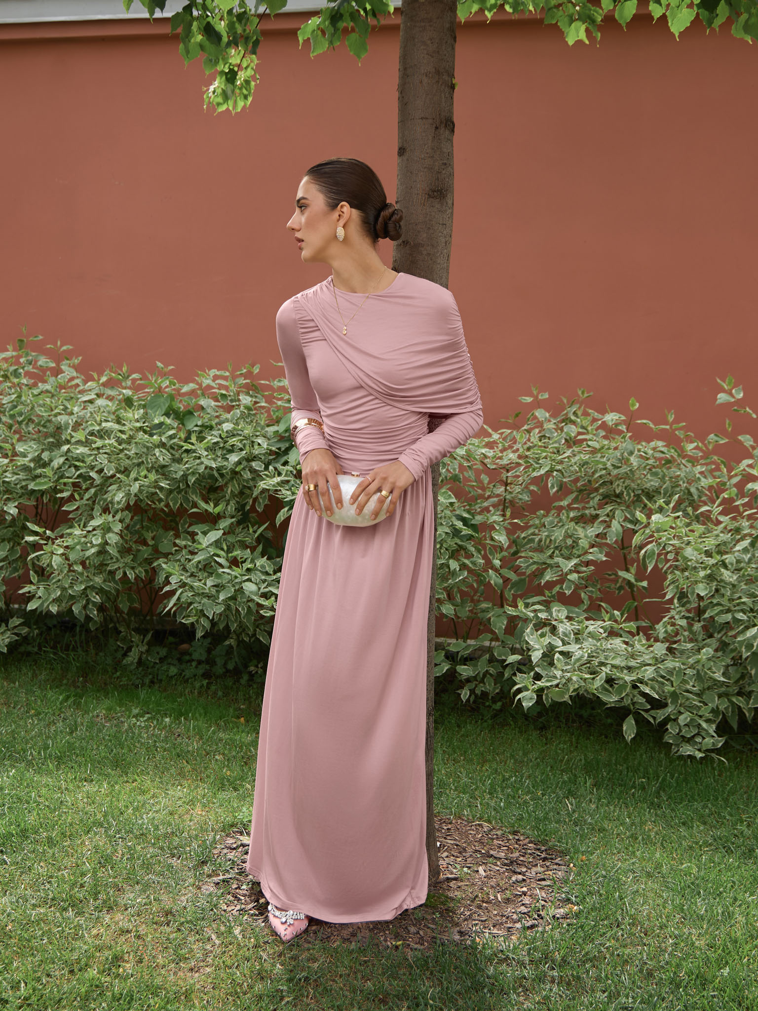 One shoulder draped jersey maxi dress