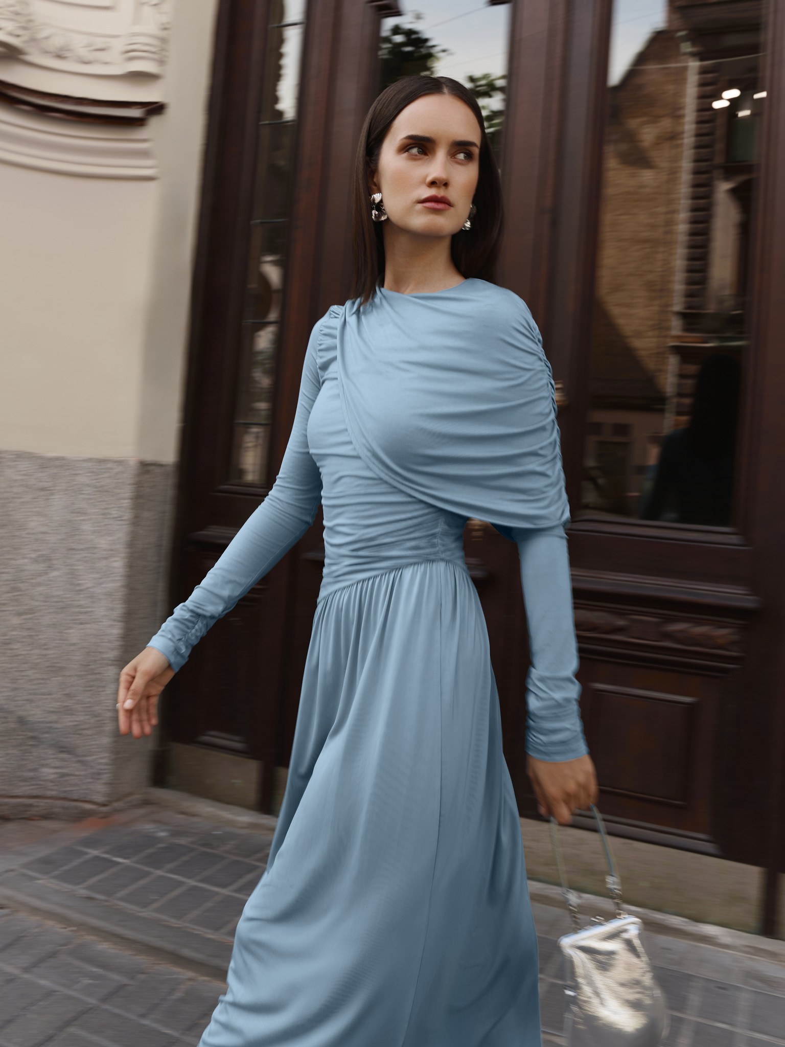 One shoulder draped jersey maxi dress