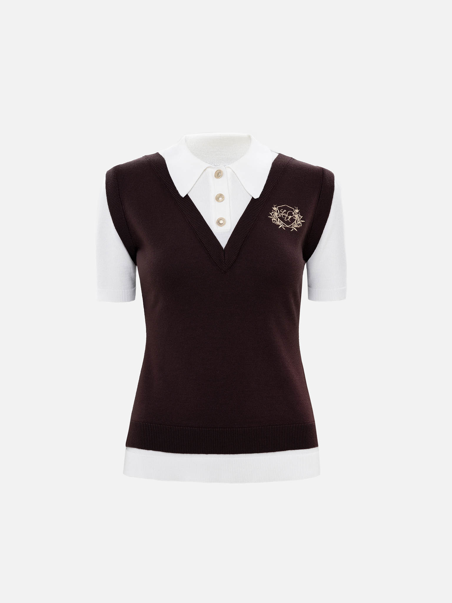 Knitted polo with contrasting vest and embroidery