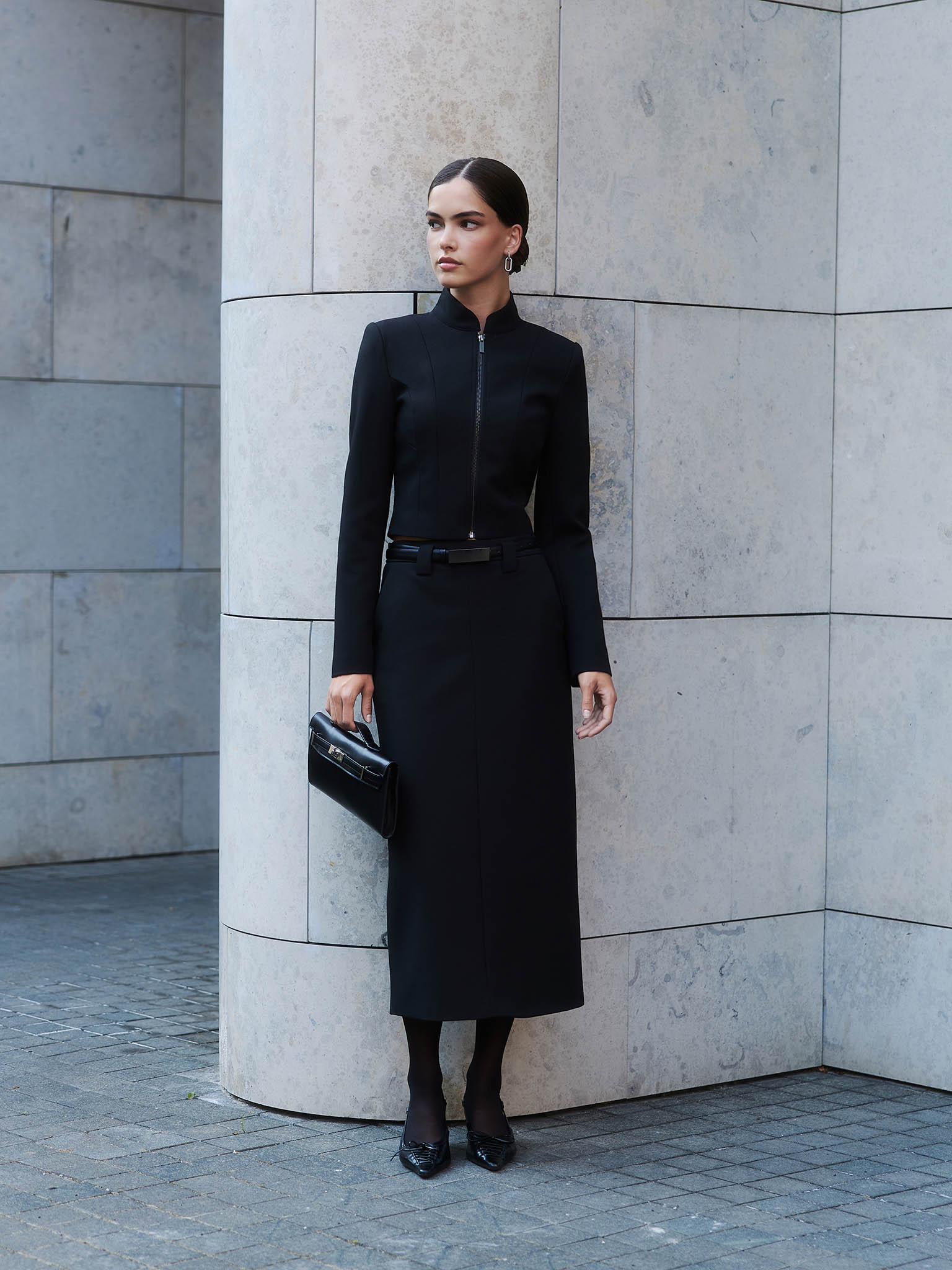Straight midi skirt with eco-leather belt