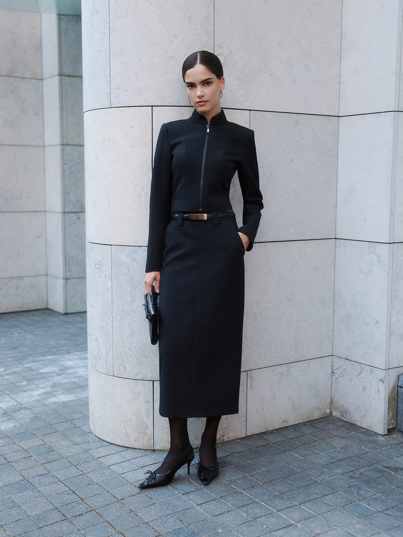 Straight midi skirt with eco-leather belt