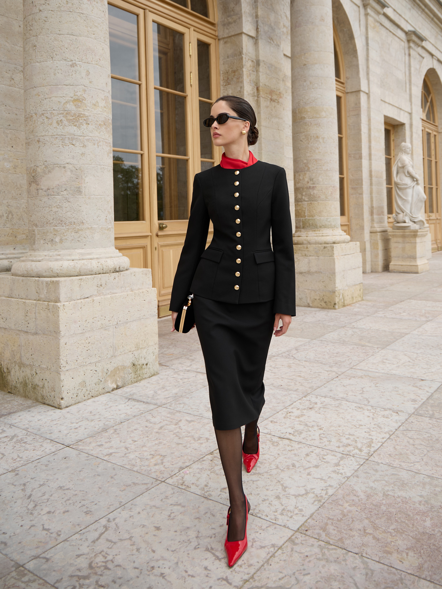 Flared jacket with large golden buttons