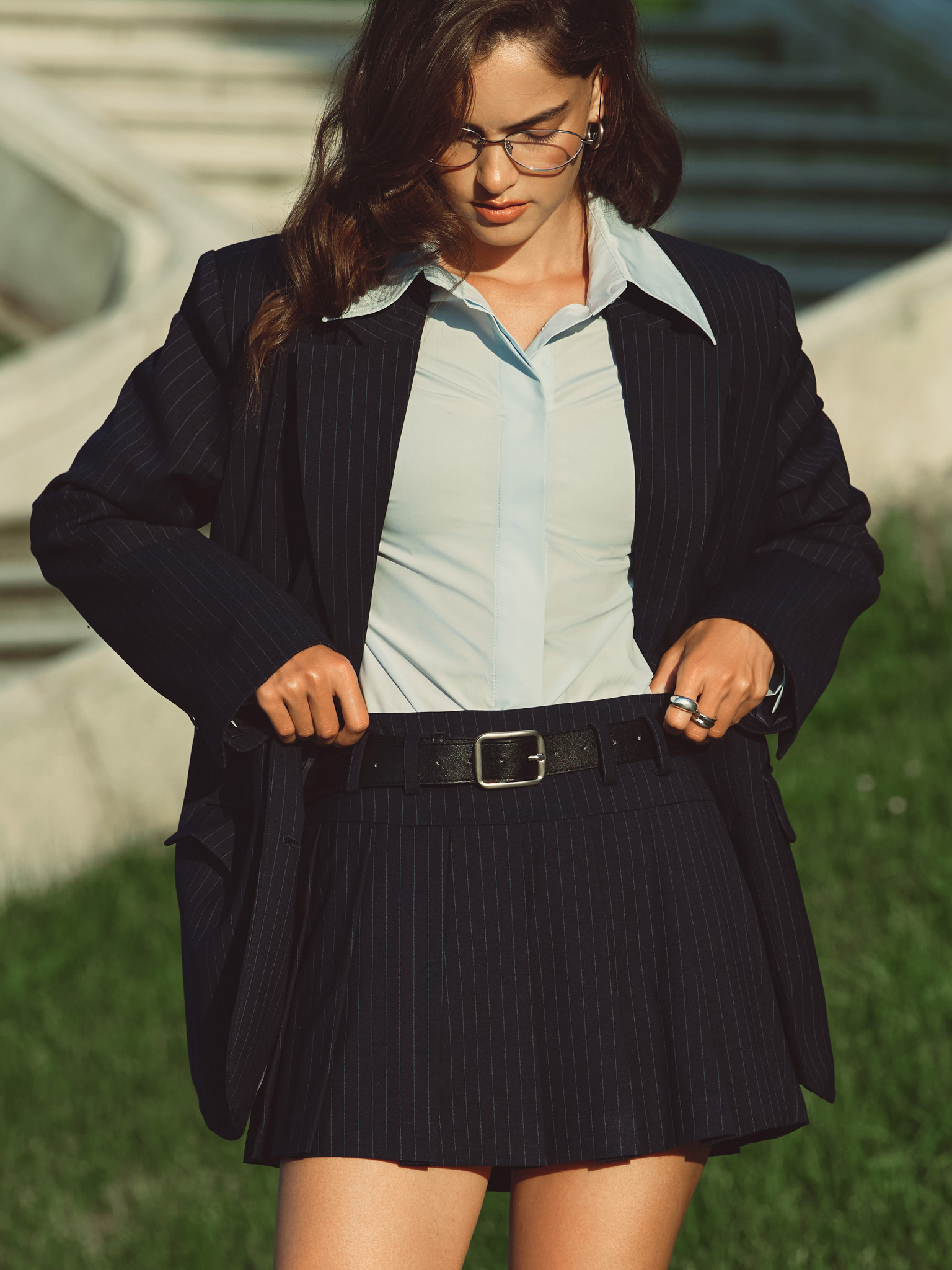 Pinstripe pleated mini skirt