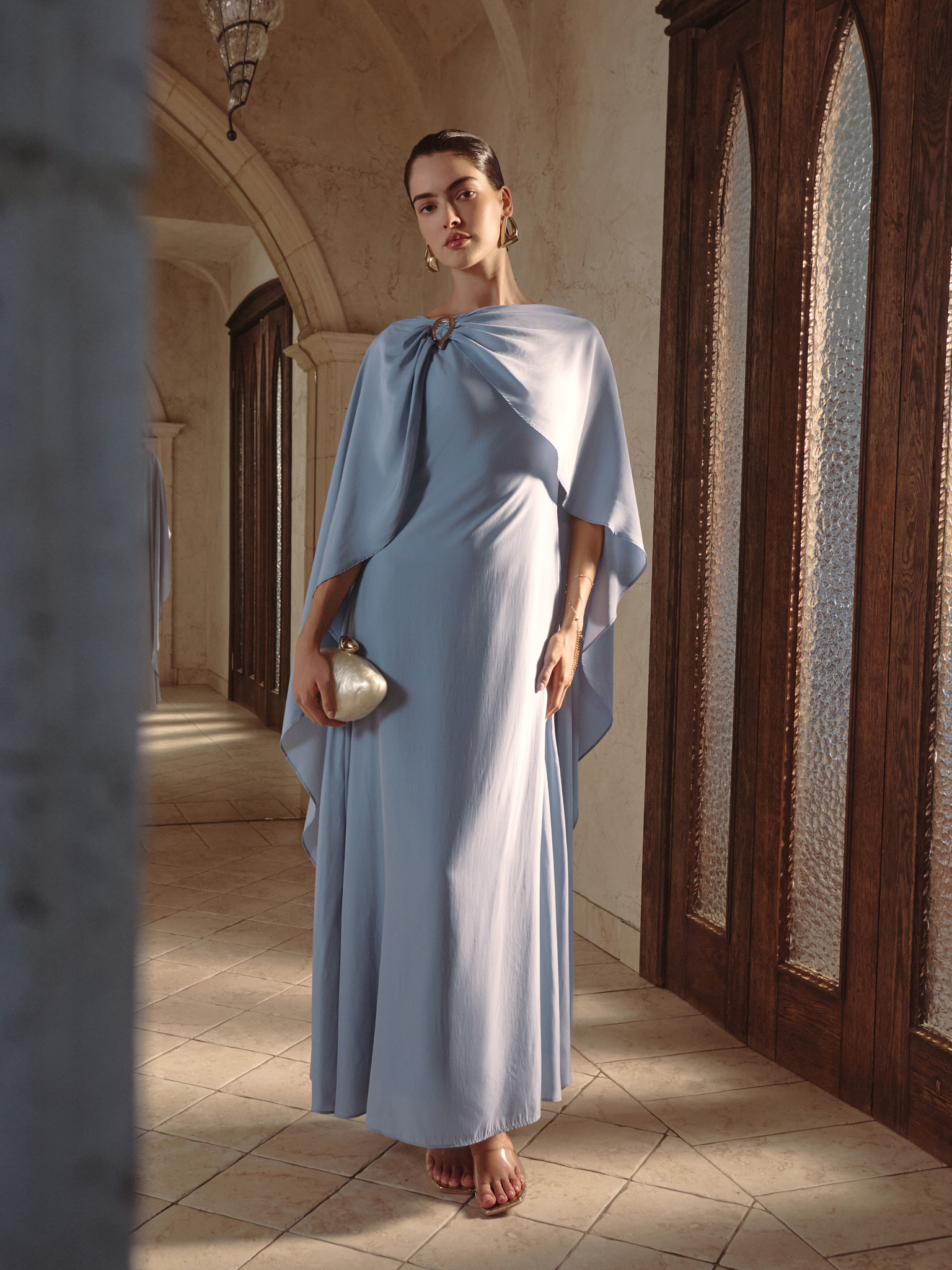 maxi dress with long train Soft Blue Chiffon Maxi Dress with Long Train Pink / L