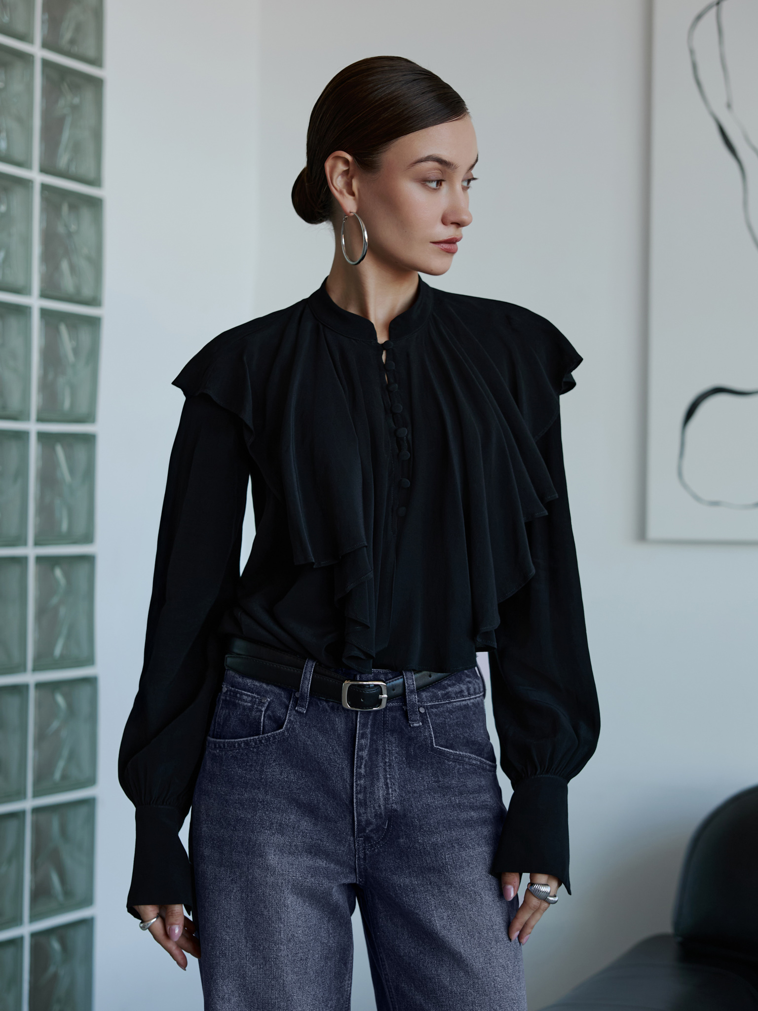 Viscose blouse with stand-up collar and voluminous jabot
