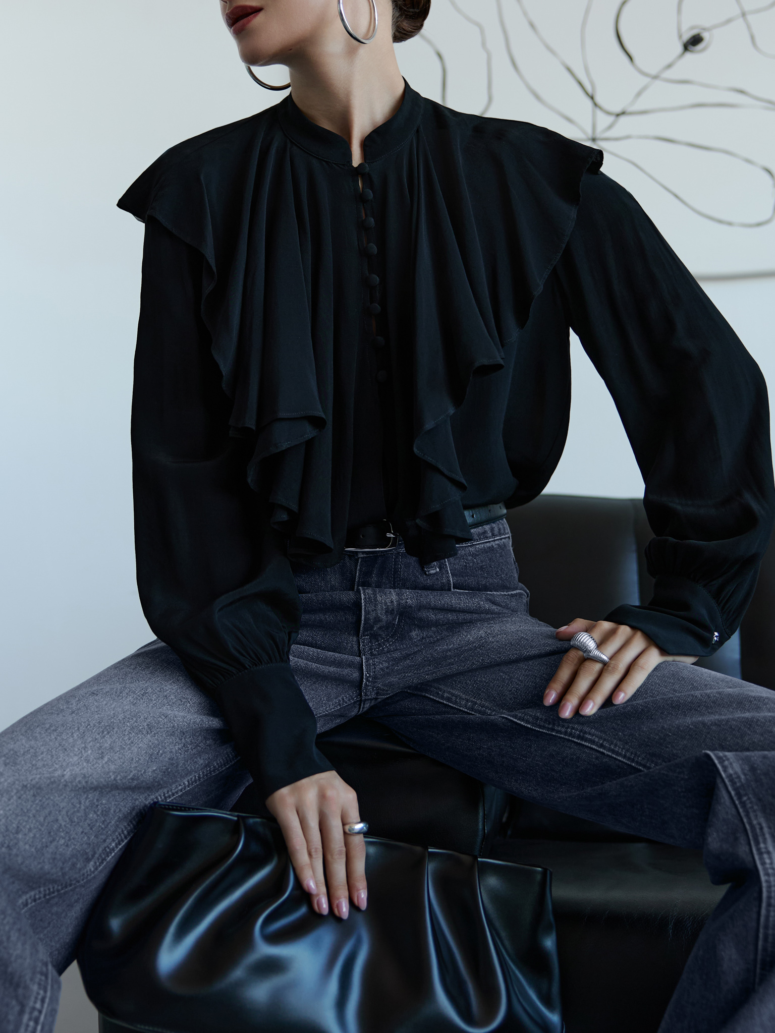 Viscose blouse with stand-up collar and voluminous jabot