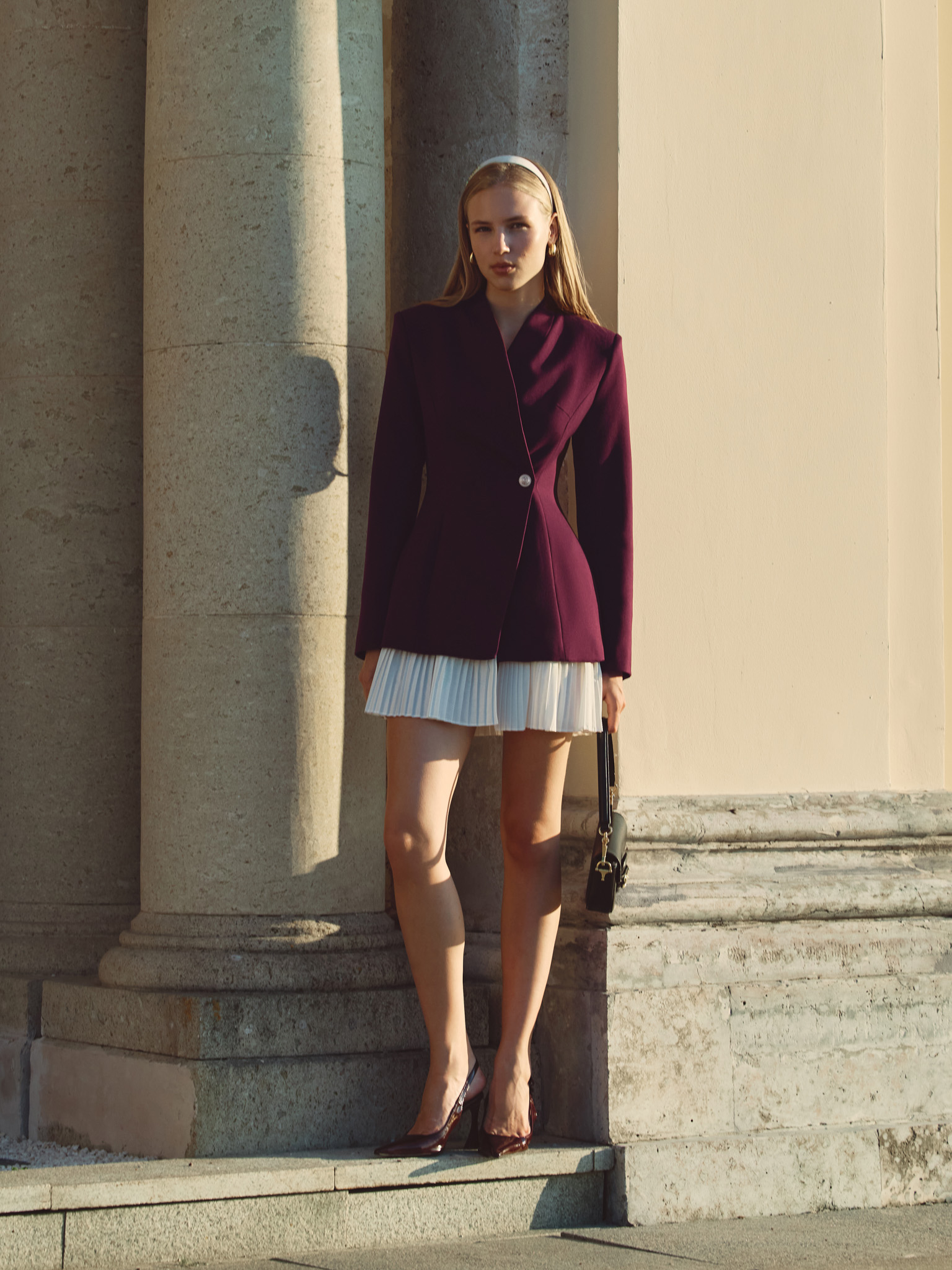 Mini blazer dress with pleated insert on the skirt