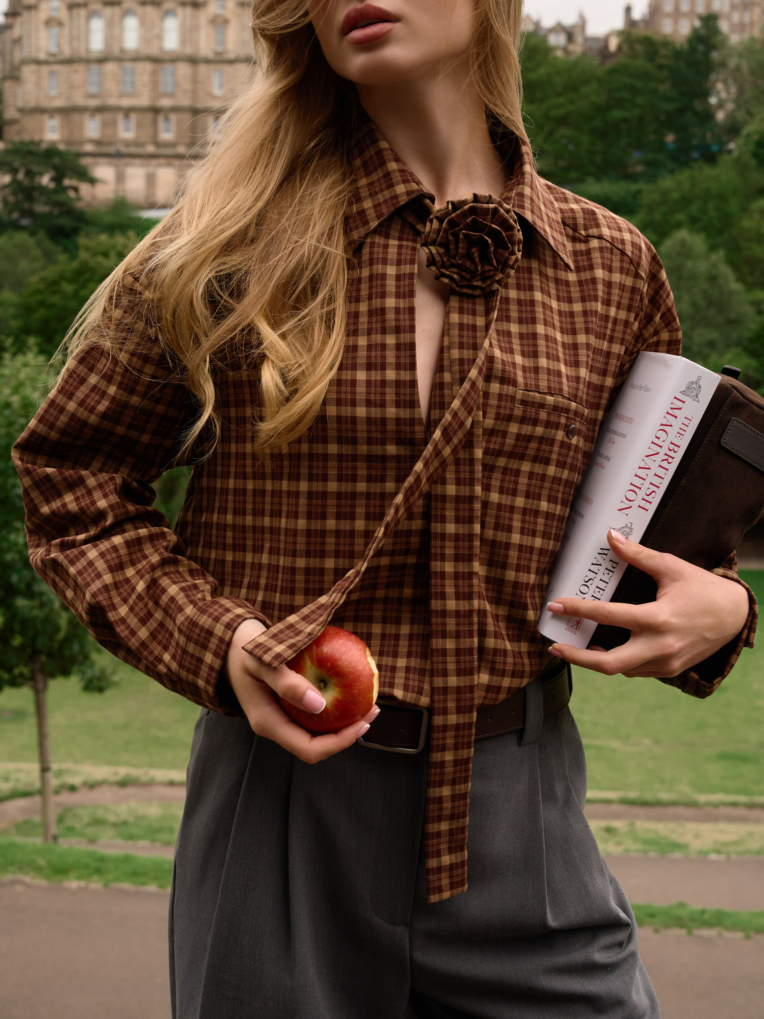 Loose checked shirt with decorative ribbon scarf