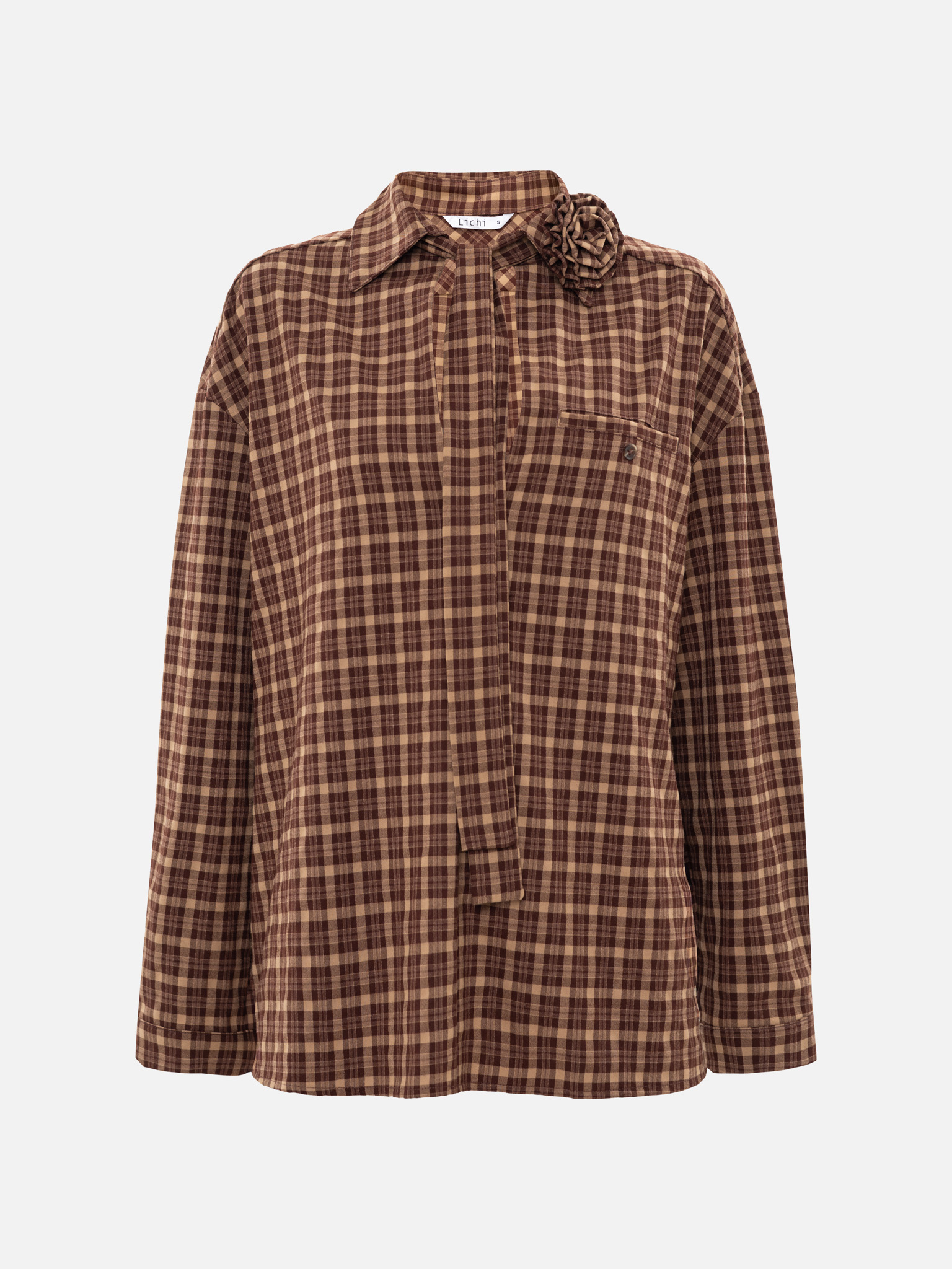 Loose checked shirt with decorative ribbon scarf