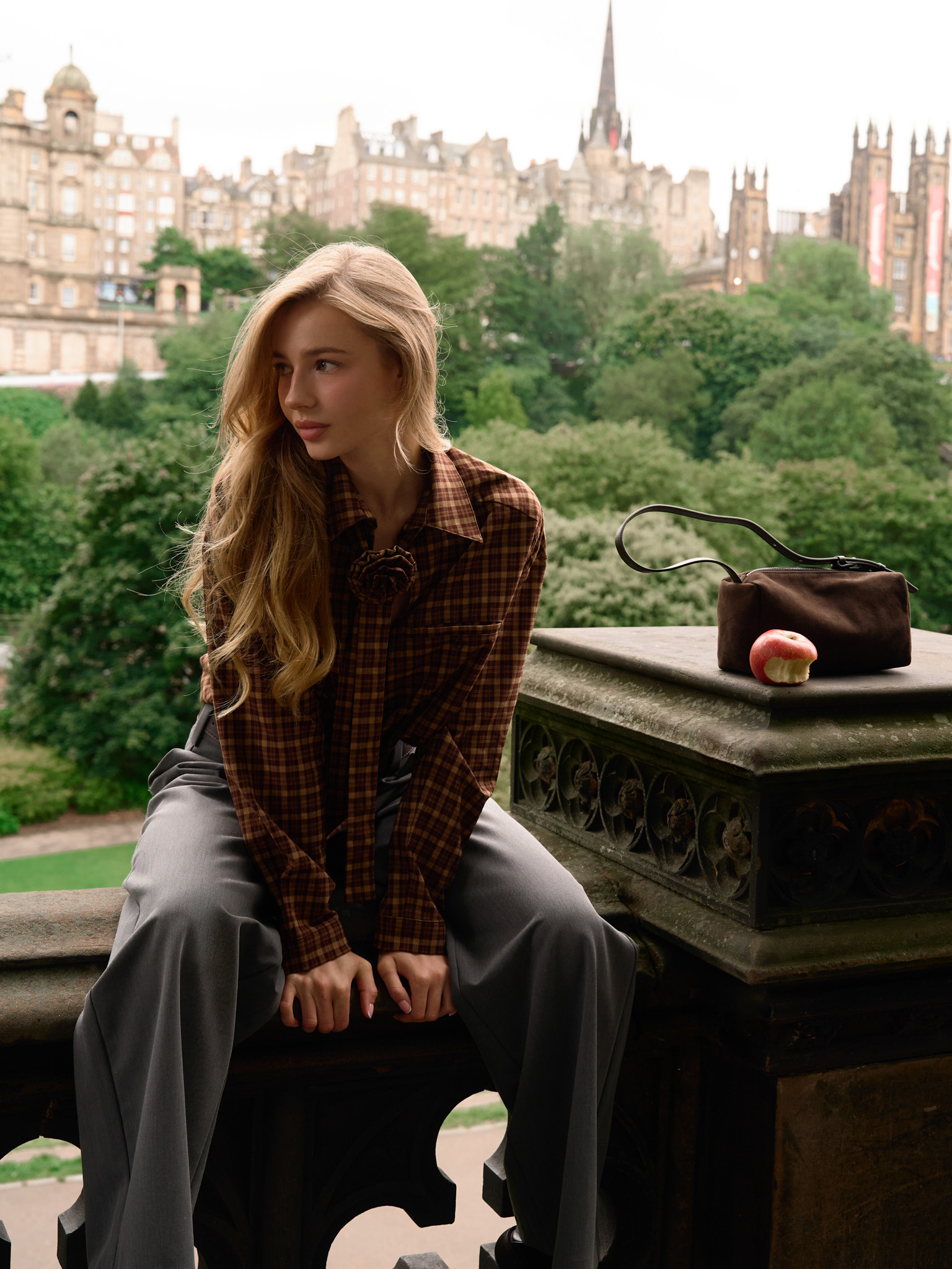 Loose checked shirt with decorative ribbon scarf