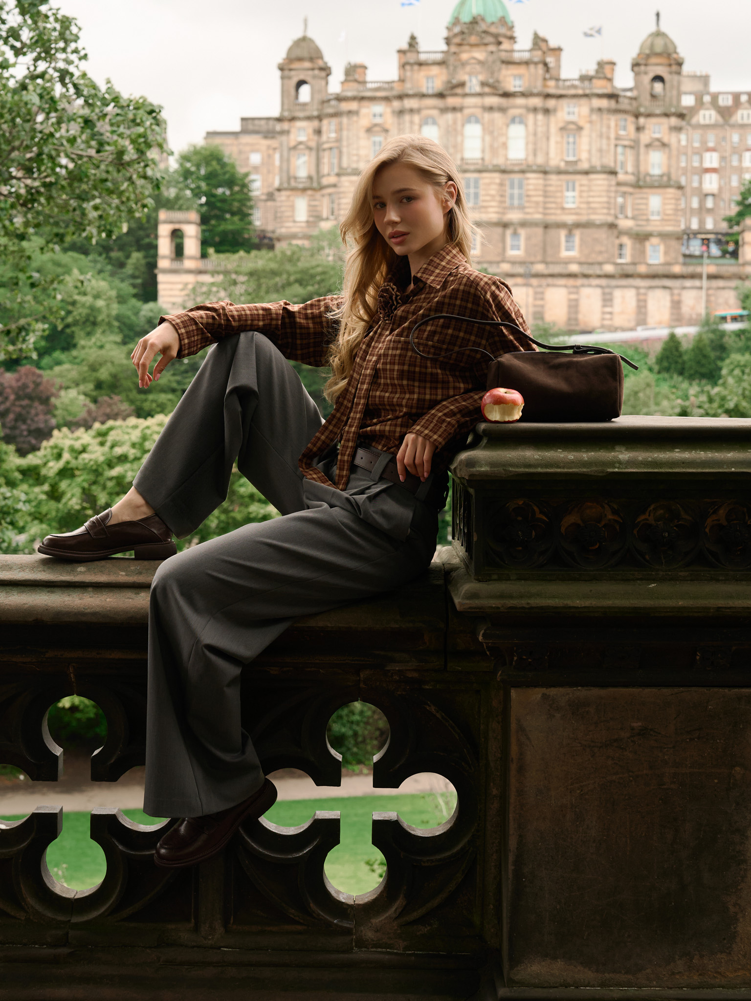 Loose checked shirt with decorative ribbon scarf