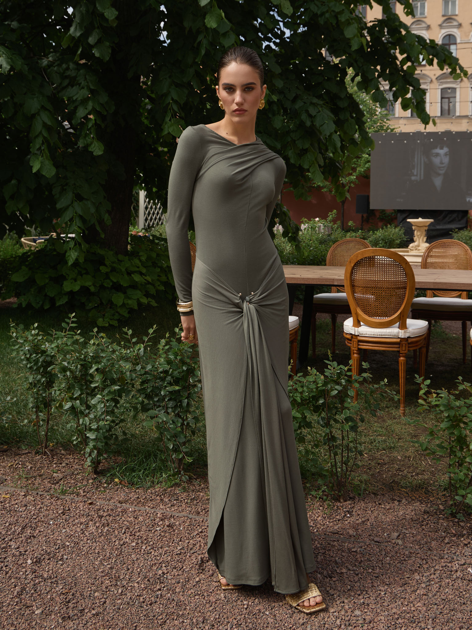Fitted maxi dress with draped hips
