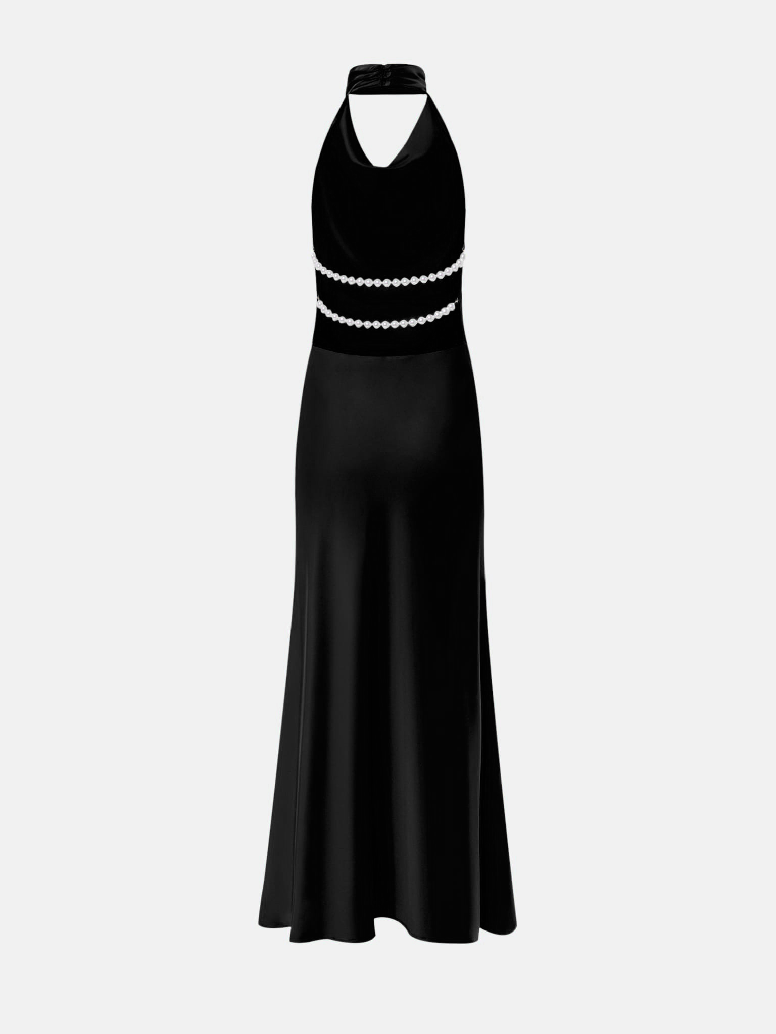 Satin maxi dress with pearl decor on the back