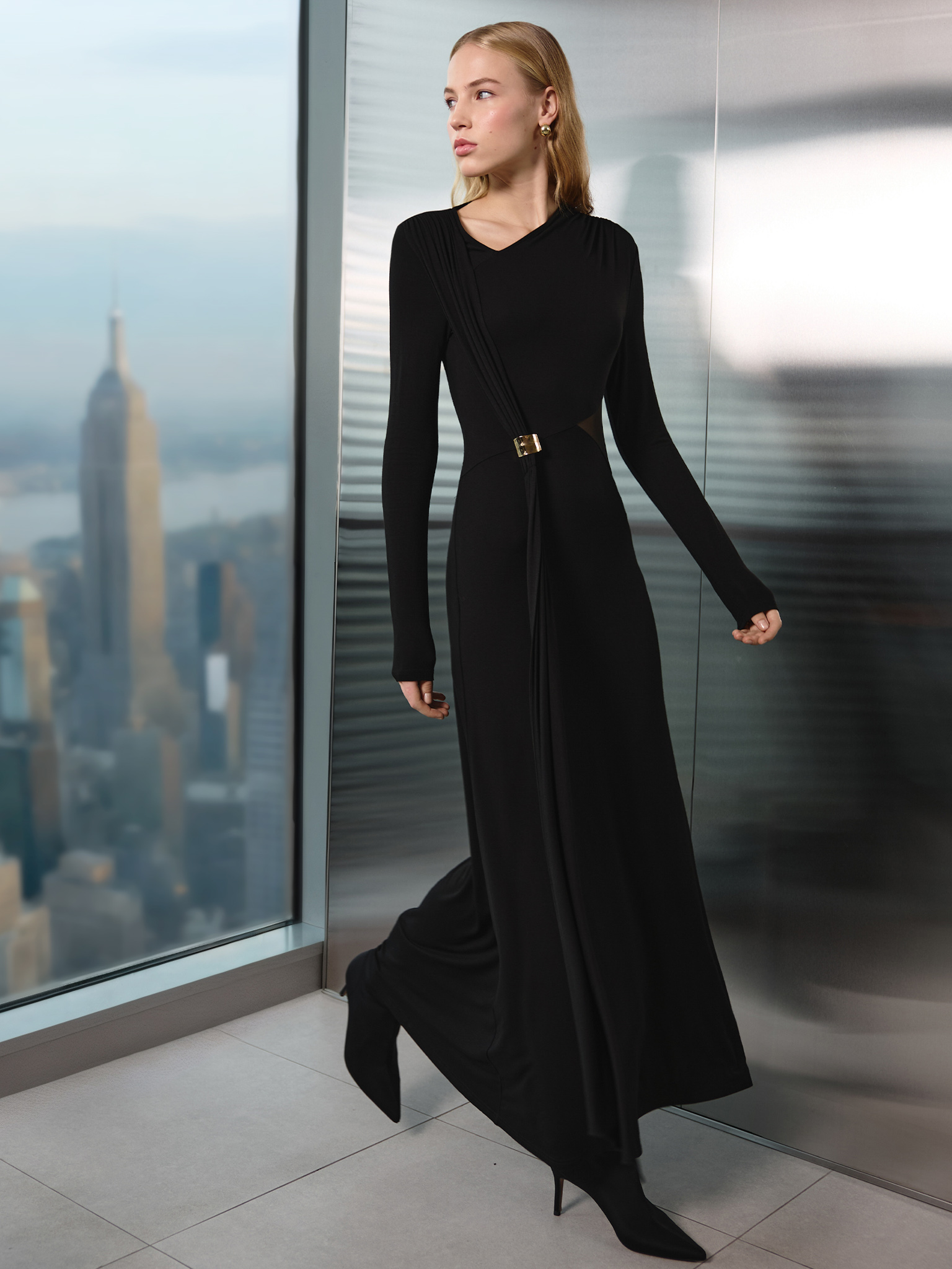 Maxi viscose dress with semi-transparent insert at the waist and drapery