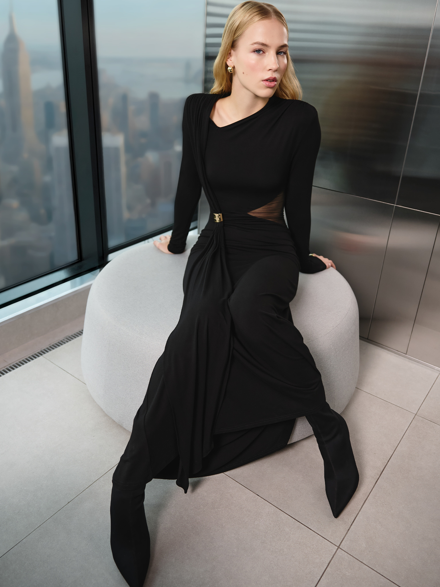 Maxi viscose dress with semi-transparent insert at the waist and drapery