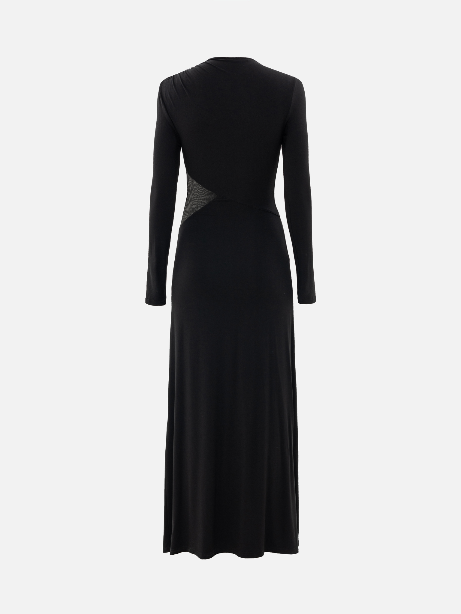 Maxi viscose dress with semi-transparent insert at the waist and drapery