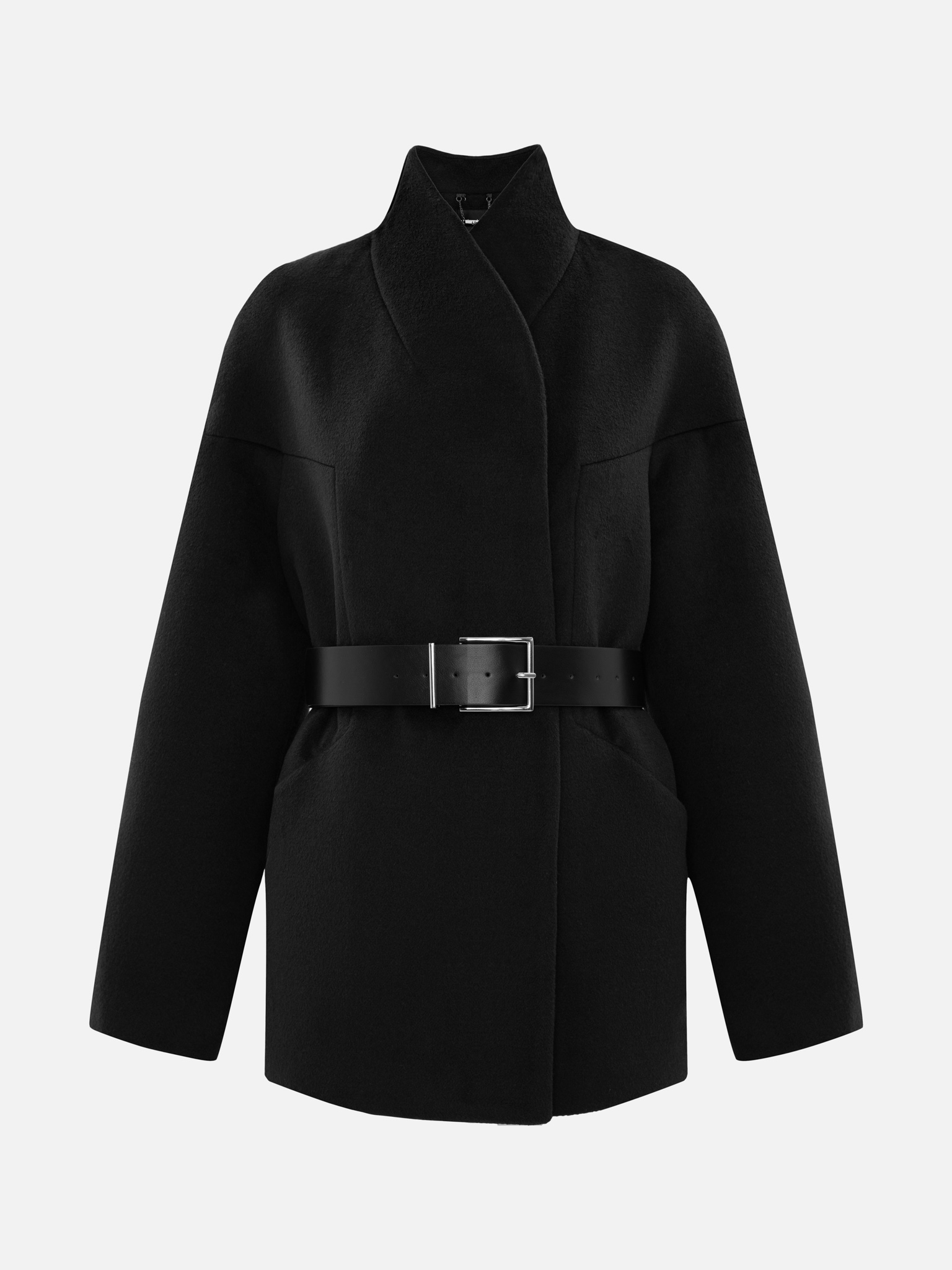 Manteau court en laine avec ceinture en éco-cuir