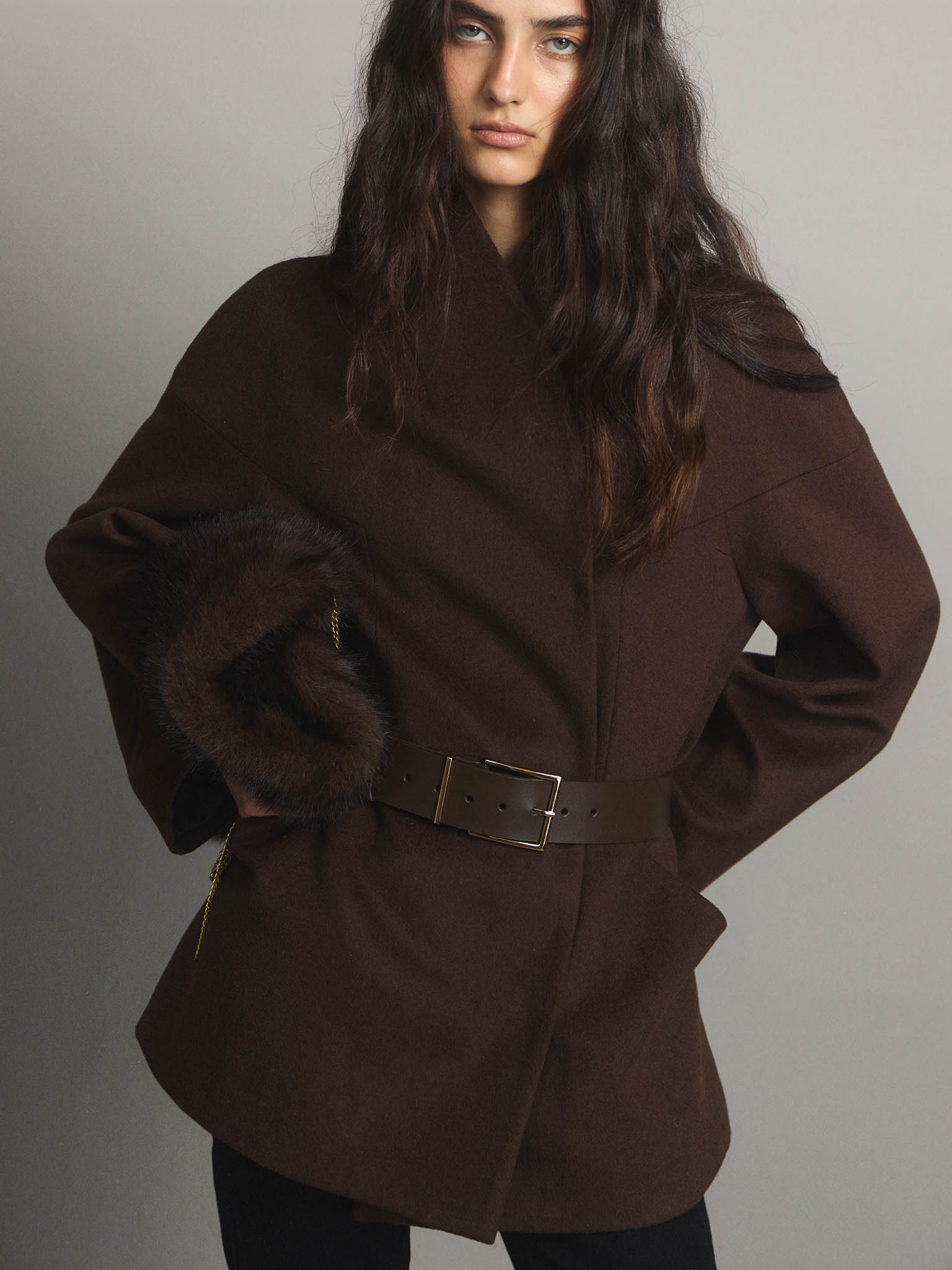 Cropped woollen coat with eco-leather belt