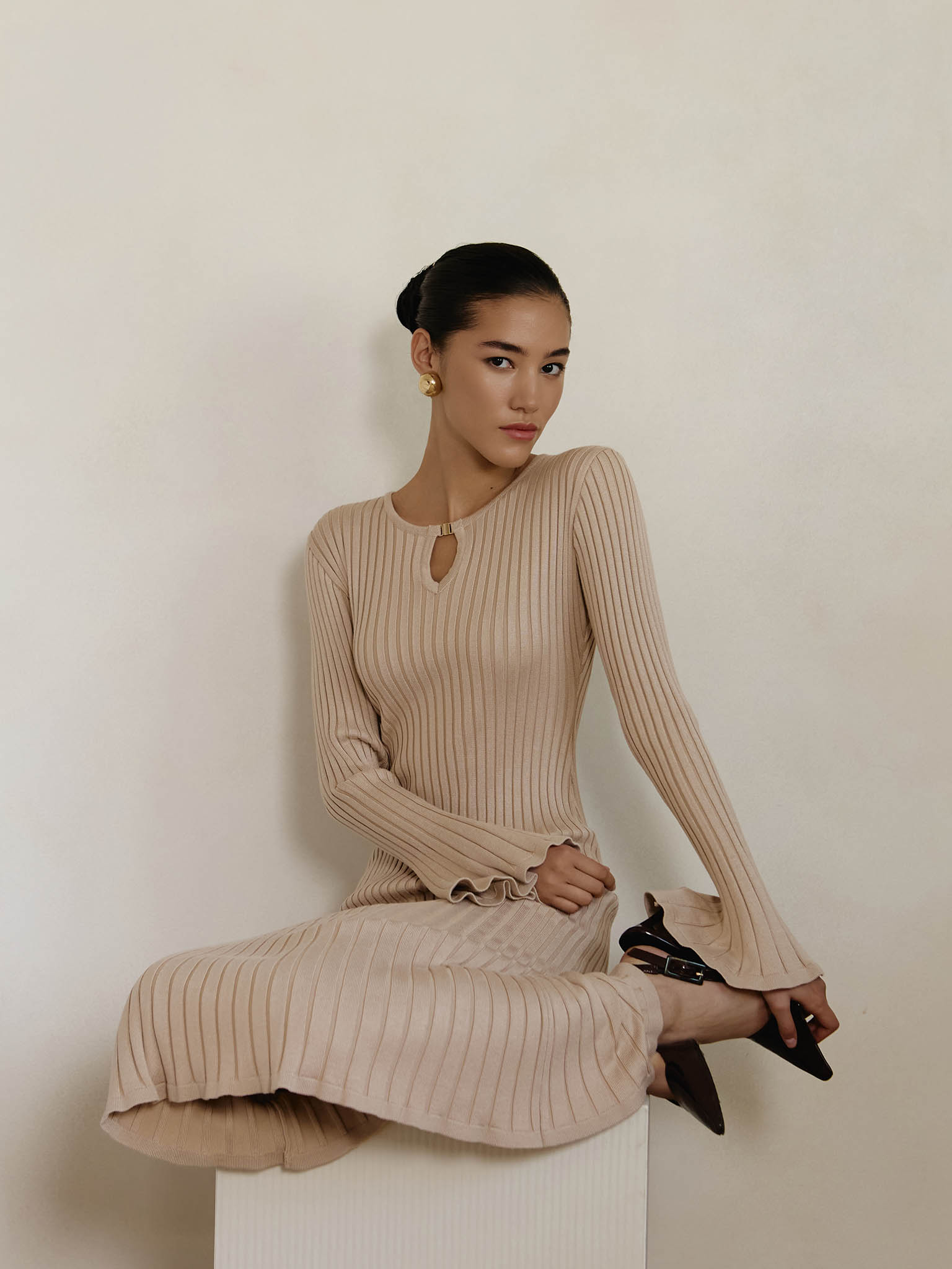Ribbed midi dress with drop neckline