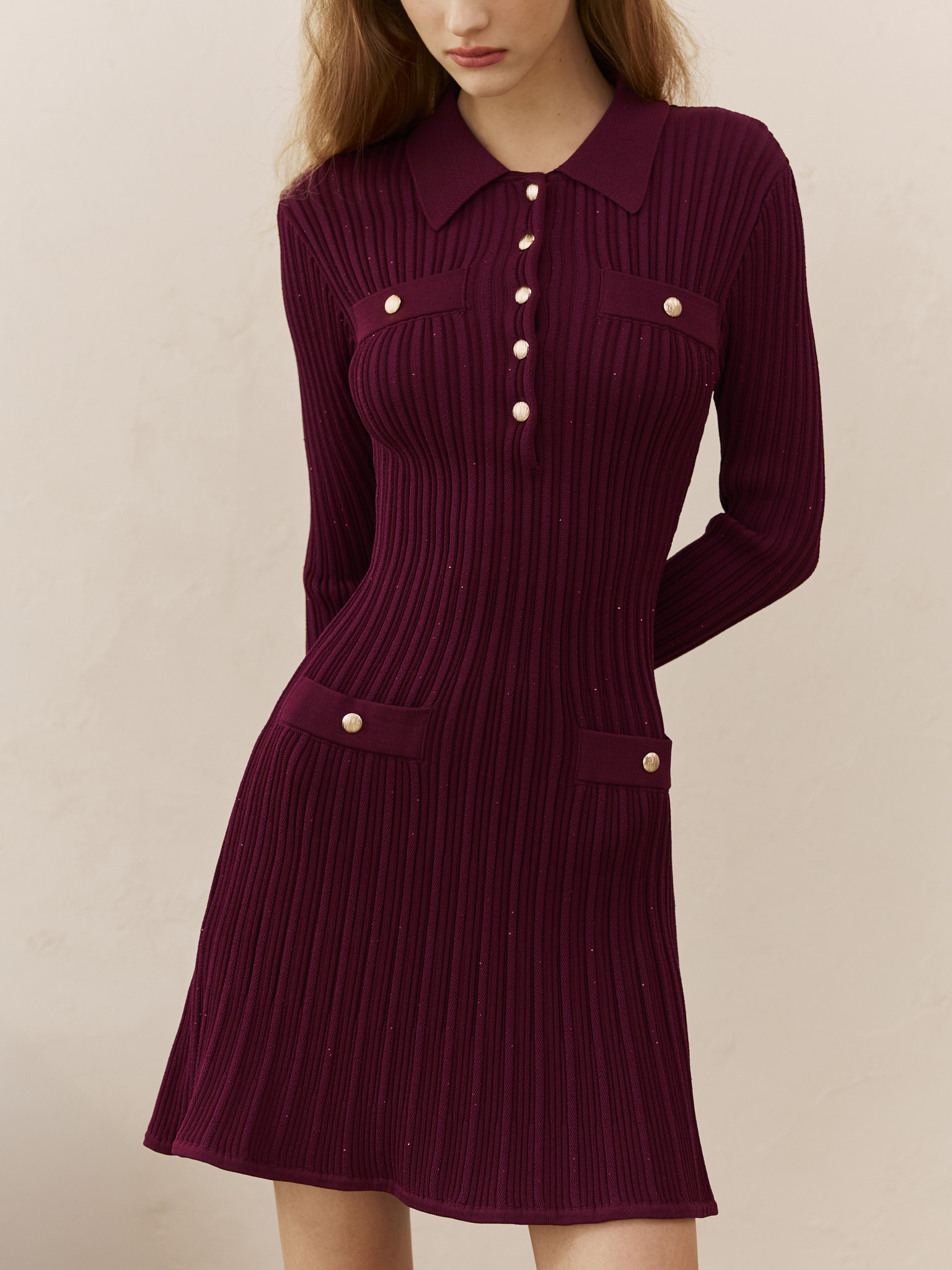 Mini jersey dress with sequins and golden fittings