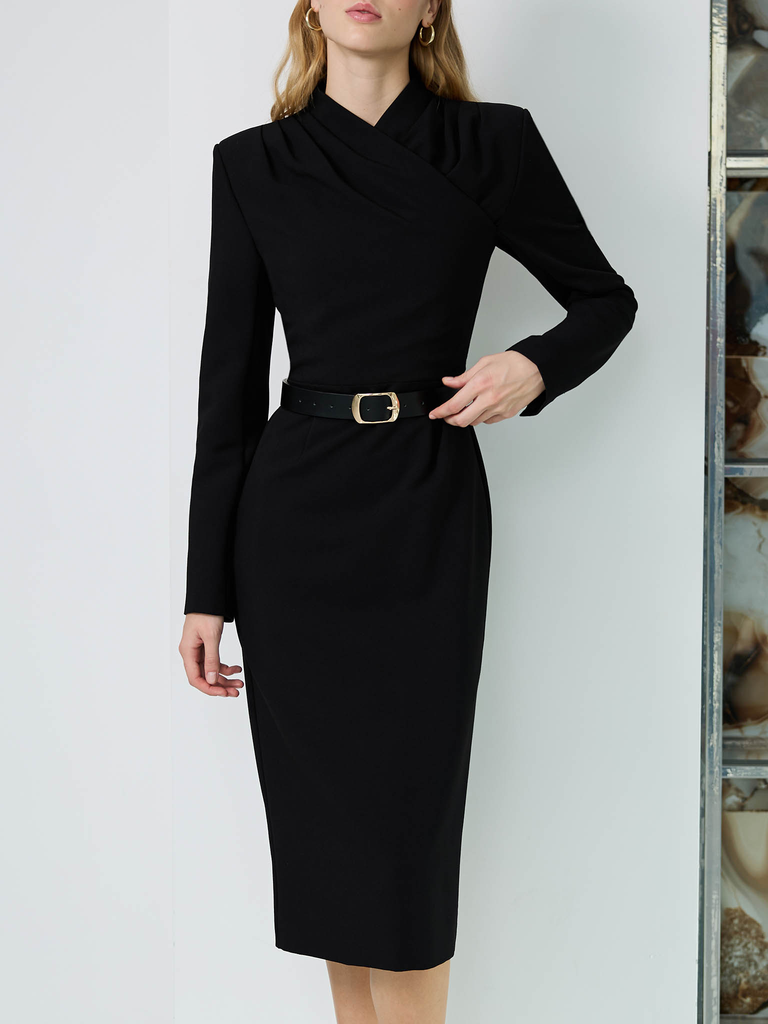 Midi dress with a wrap effect on the bodice and a wide matching belt