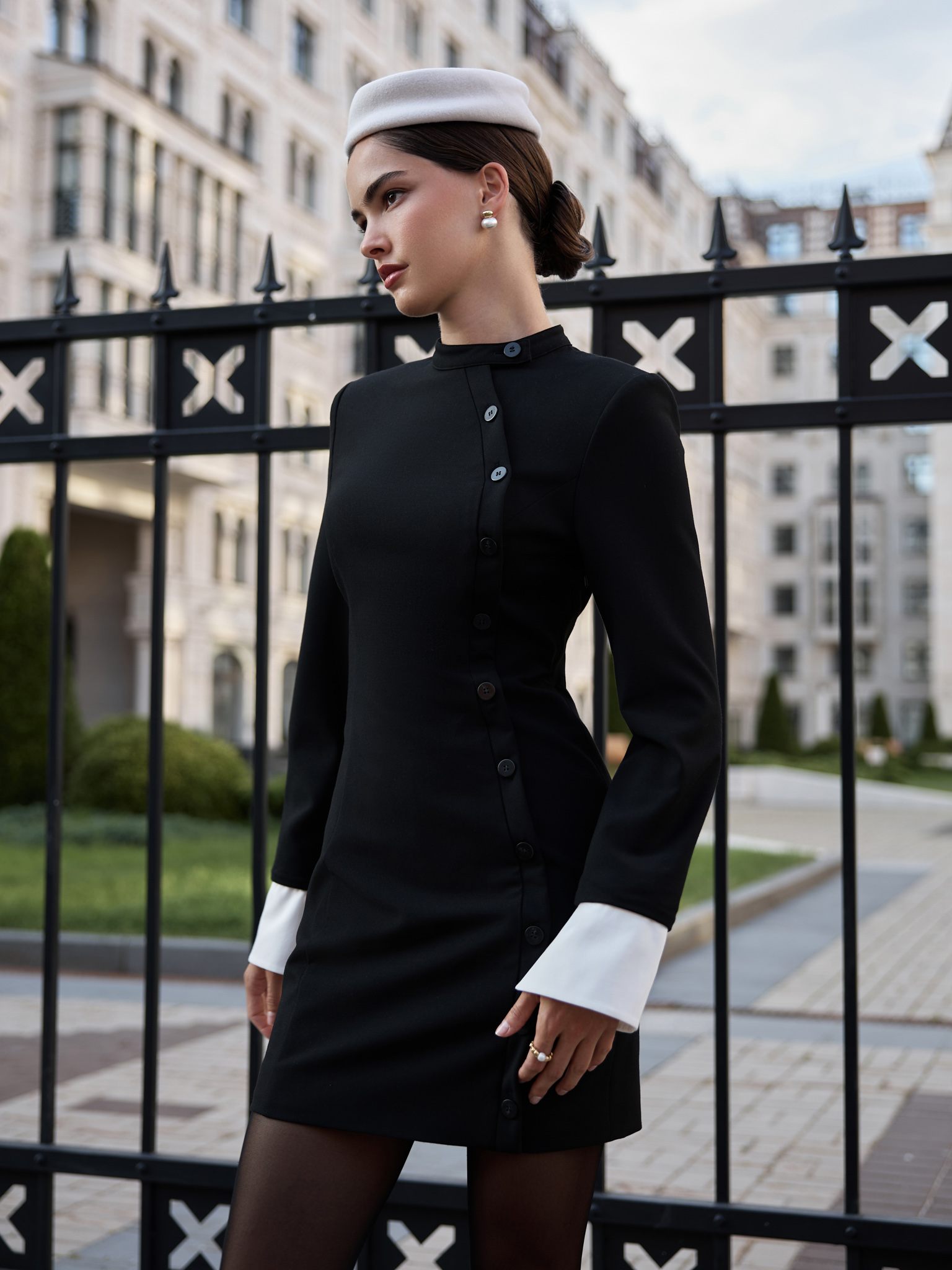 Dense fabric mini dress with contrasting cuffs