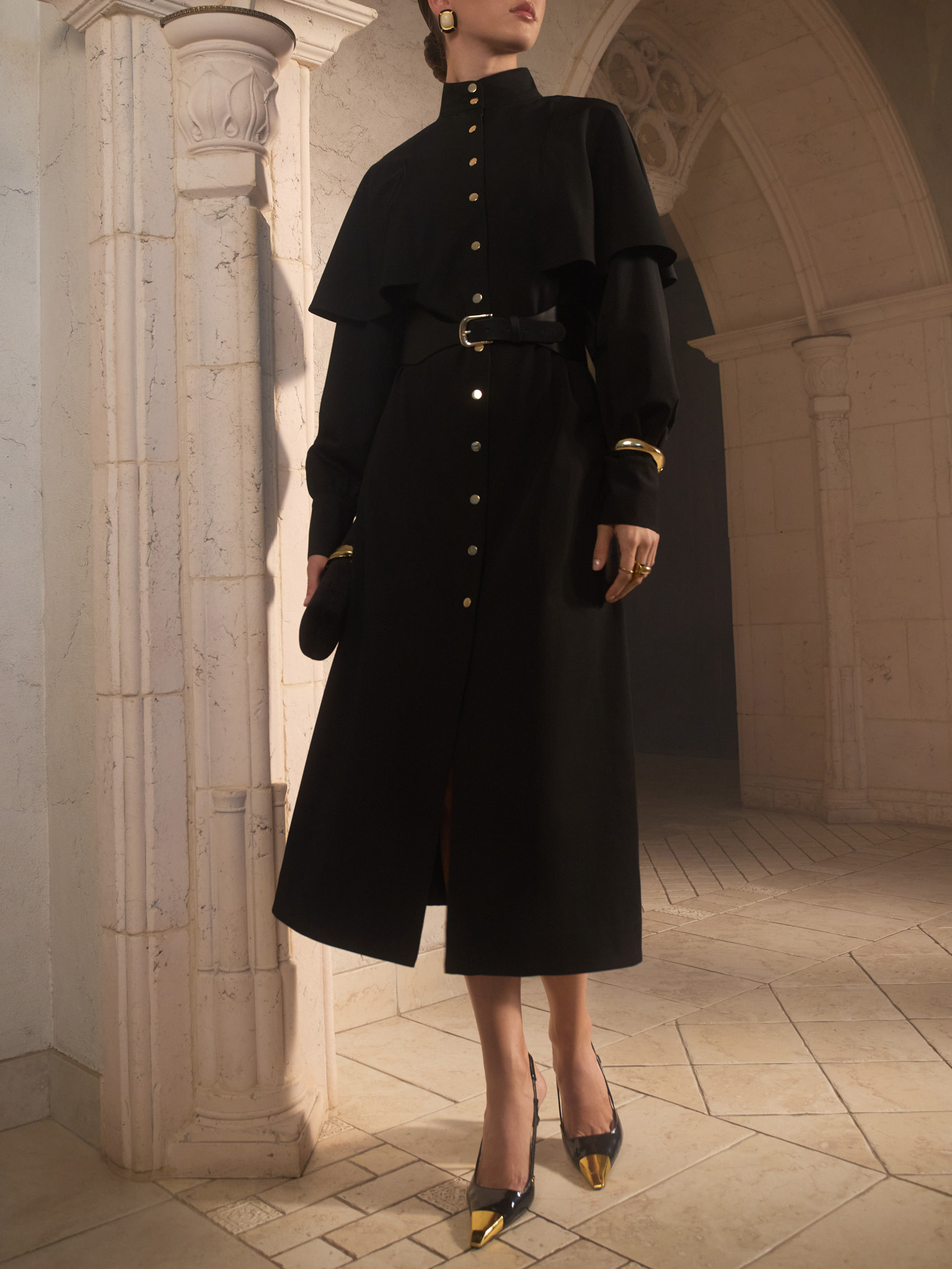 long sleeve leather midi dress Midi dress with metallic fittings and wide eco leather belt :: LICHI