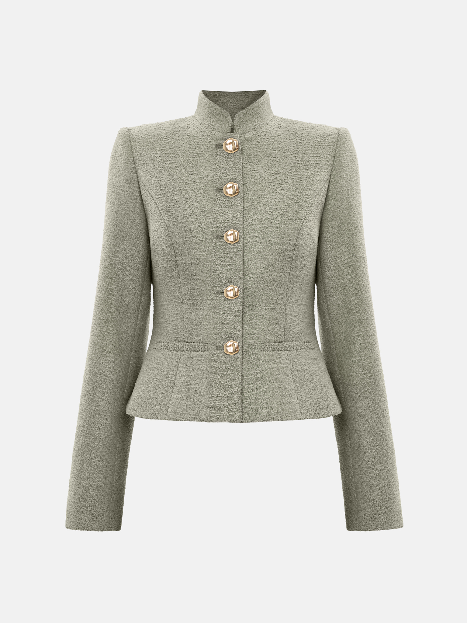 Straight jacket with stand-up collar and large buttons