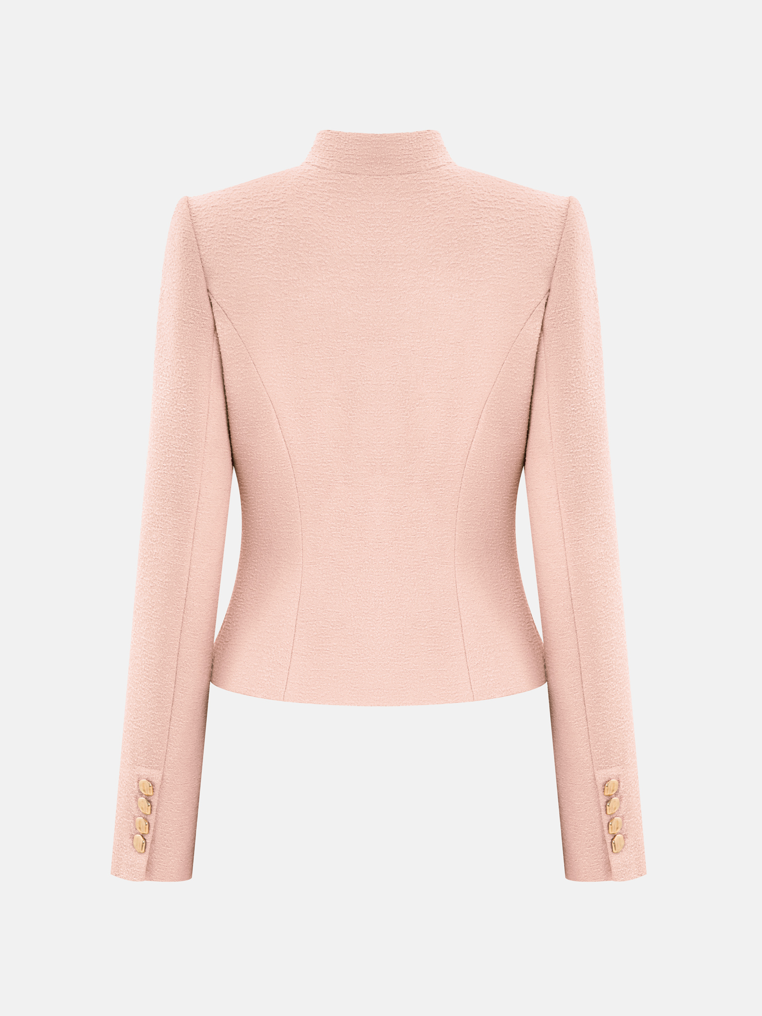 Straight jacket with stand-up collar and large buttons