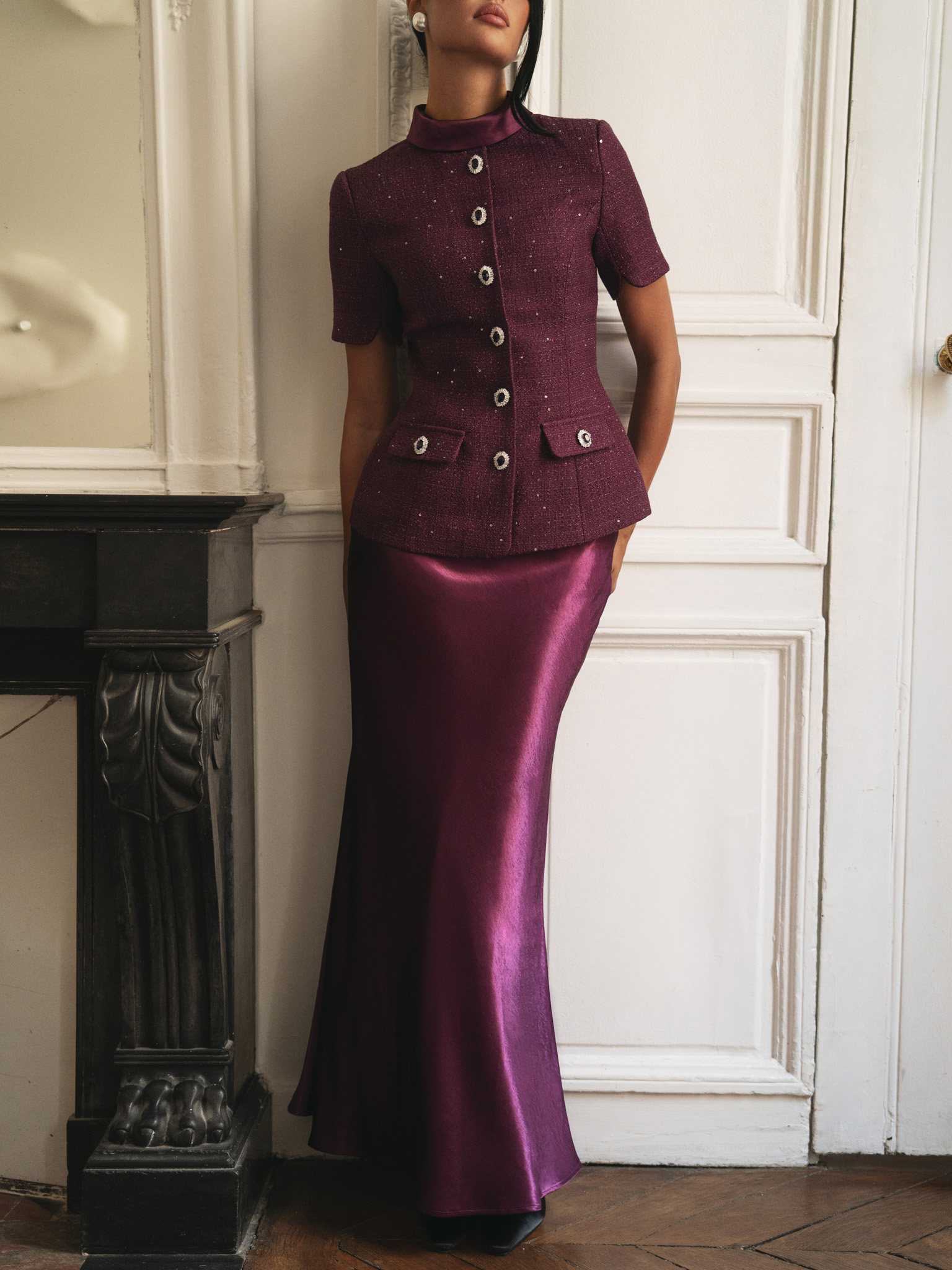 Floor length satin maxi skirt