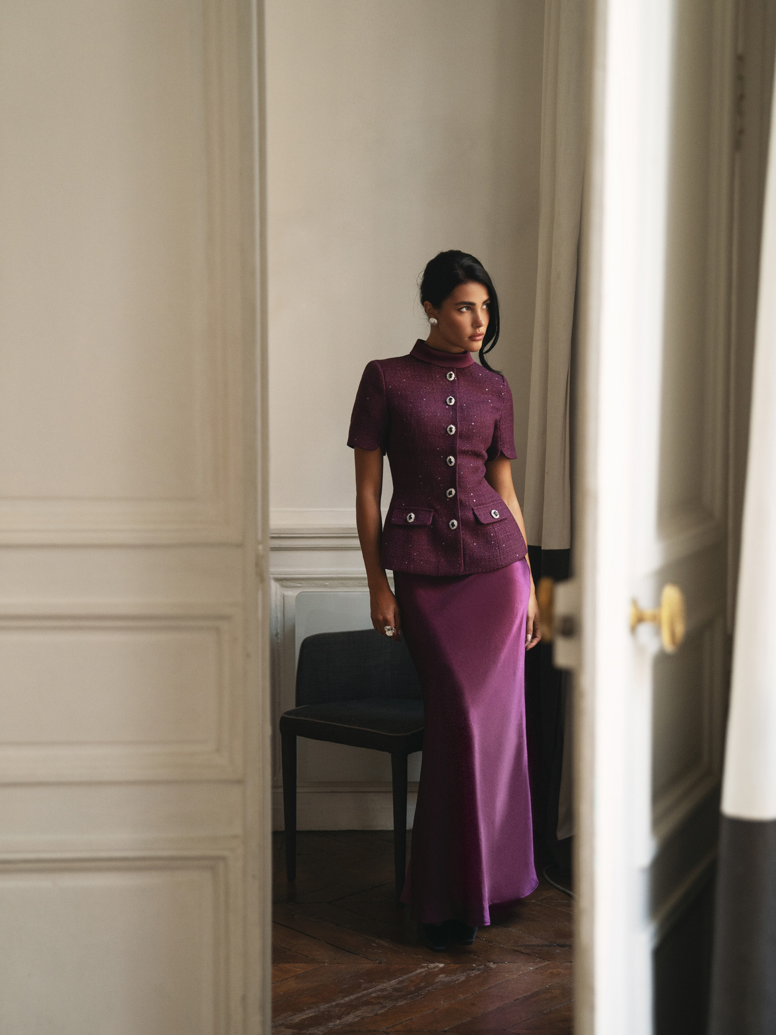 Floor length satin maxi skirt