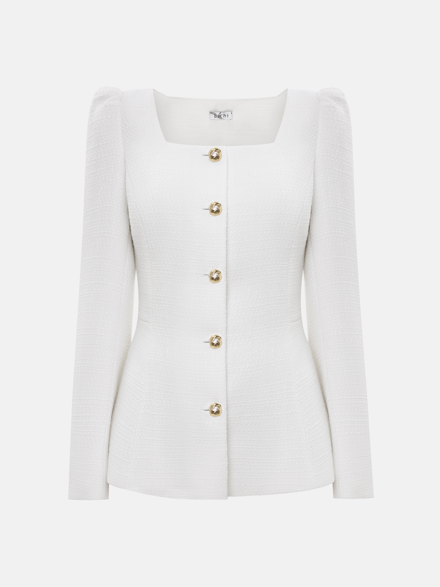 Tweed jacket with square neckline and golden buttons