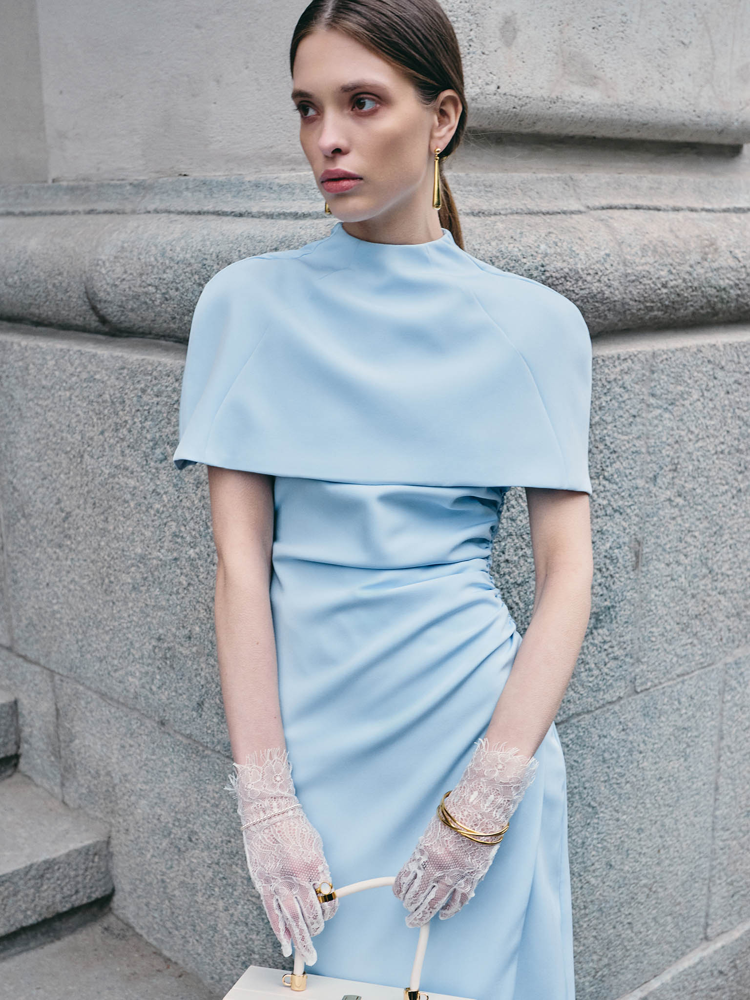 Fitted midi dress with a shoulder cape