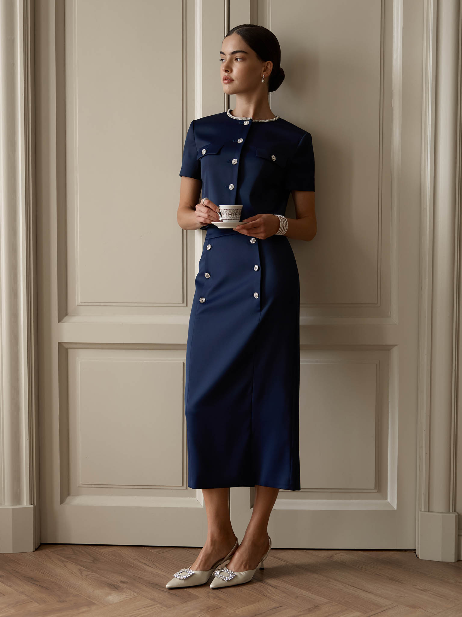 Short sleeved jacket with rhinestone buttons