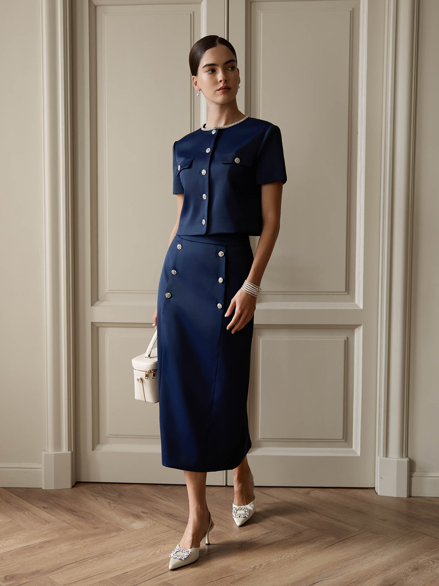 Short sleeved jacket with rhinestone buttons