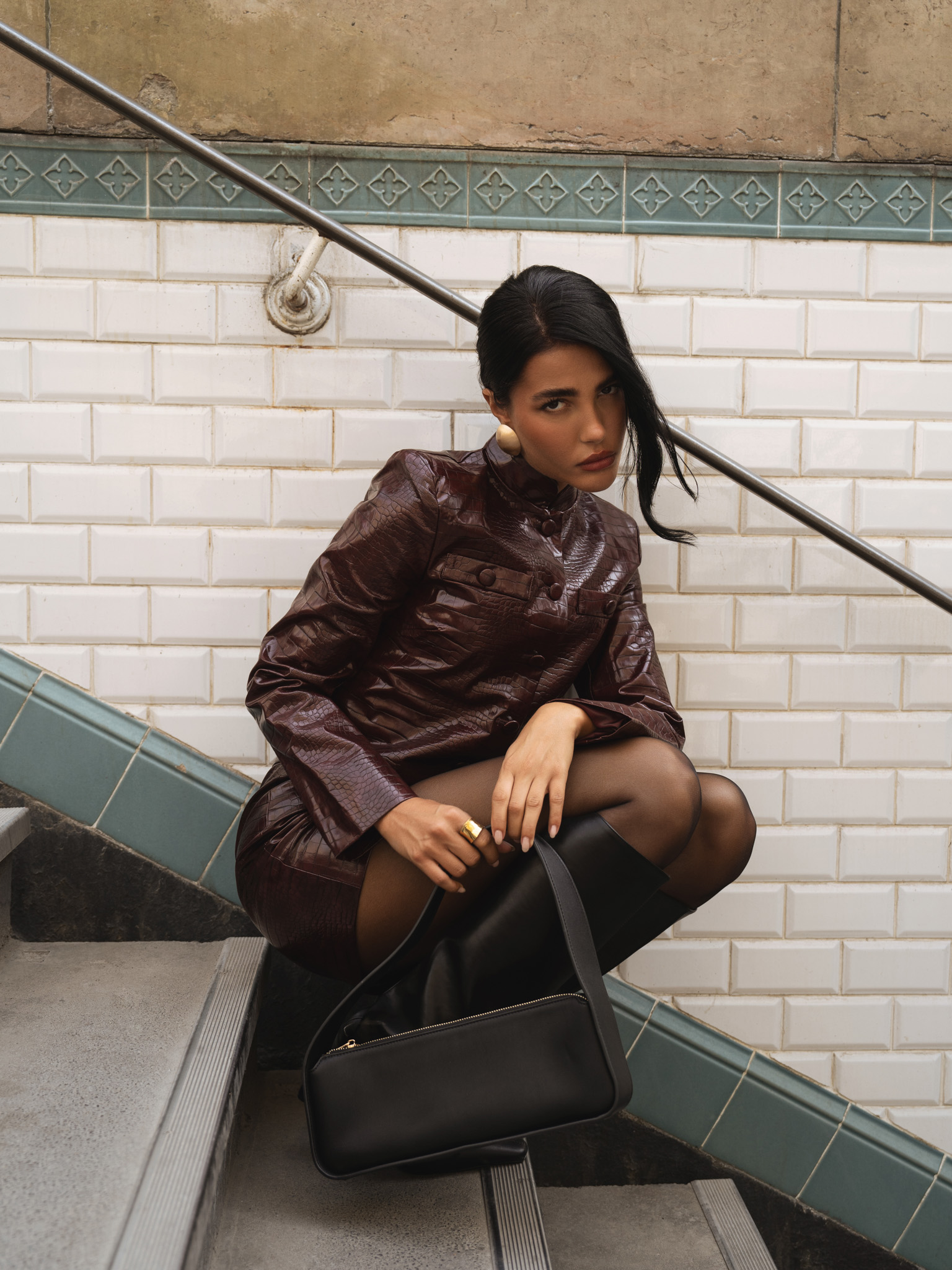 Cropped reptile eco-leather jacket
