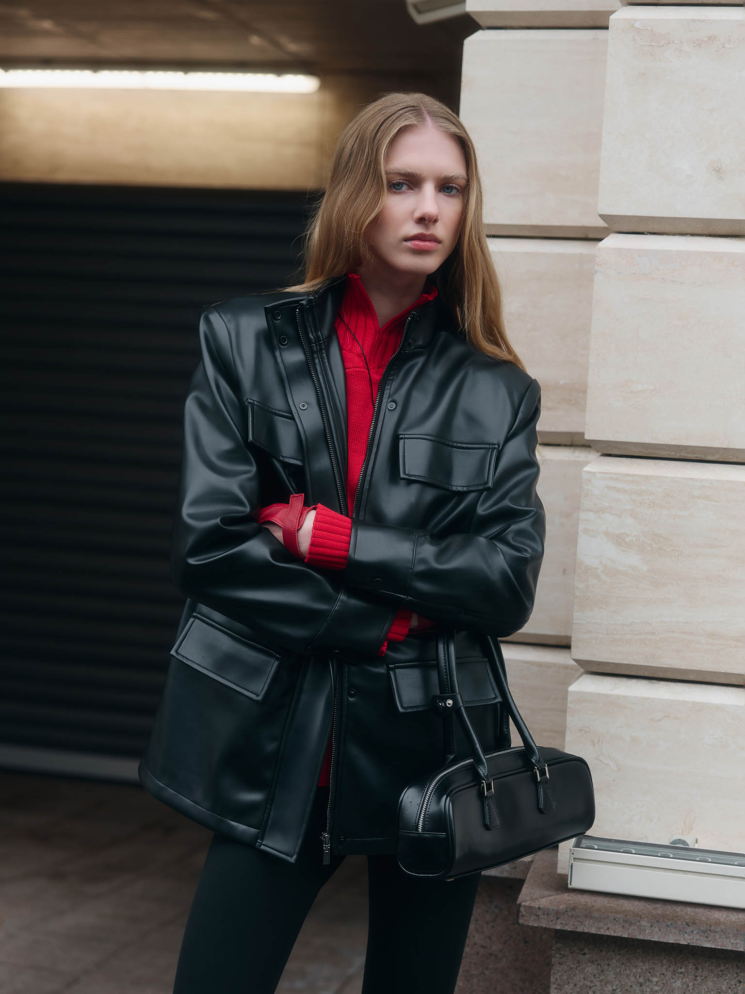 Eco-leather jacket with waist pleats :: LICHI - Online fashion store