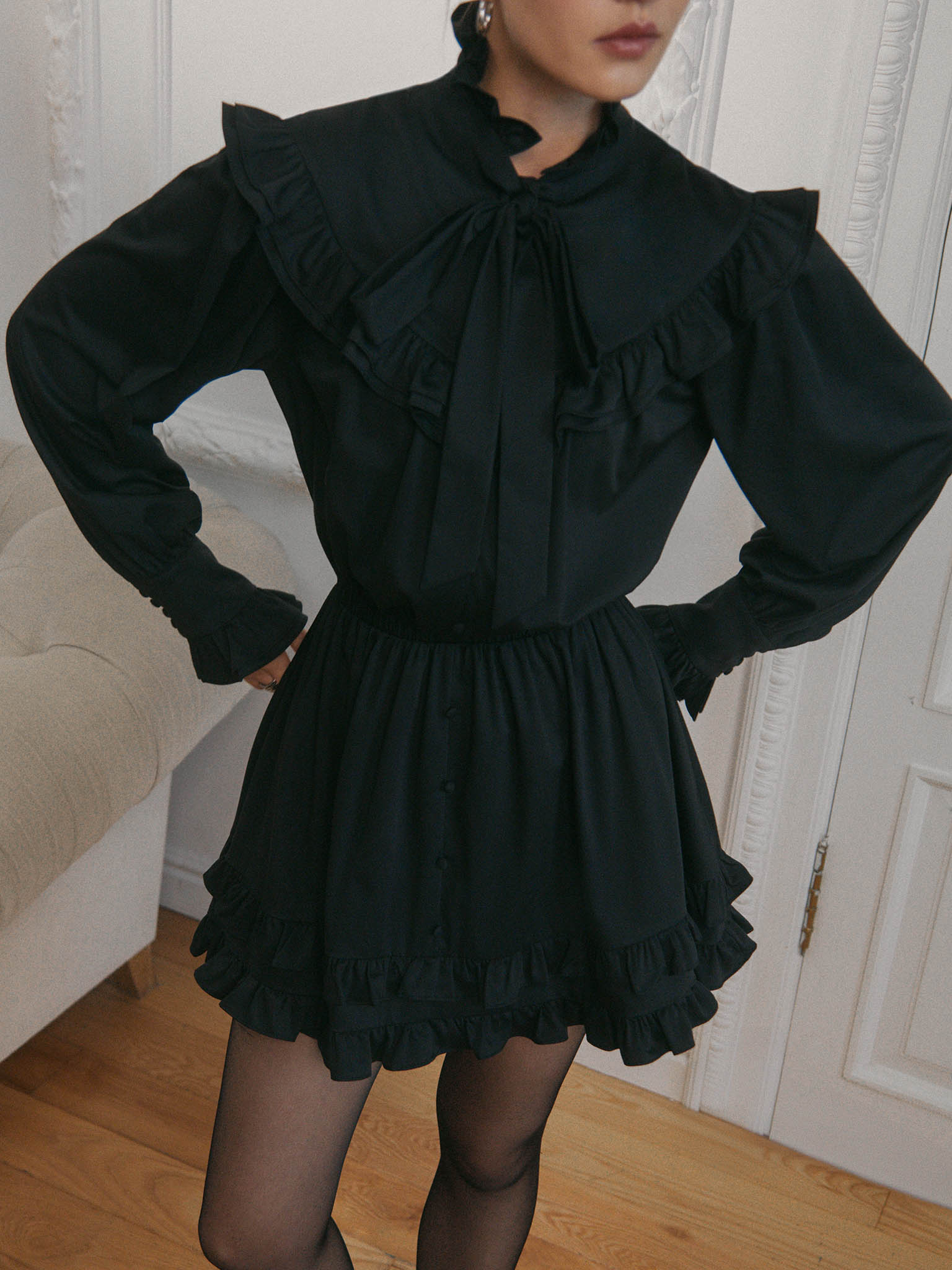 Mini dress with collar bow and ruffles :: LICHI - Online fashion store Mini dress with collar bow and ruffles :: LICHI - Online fashion store